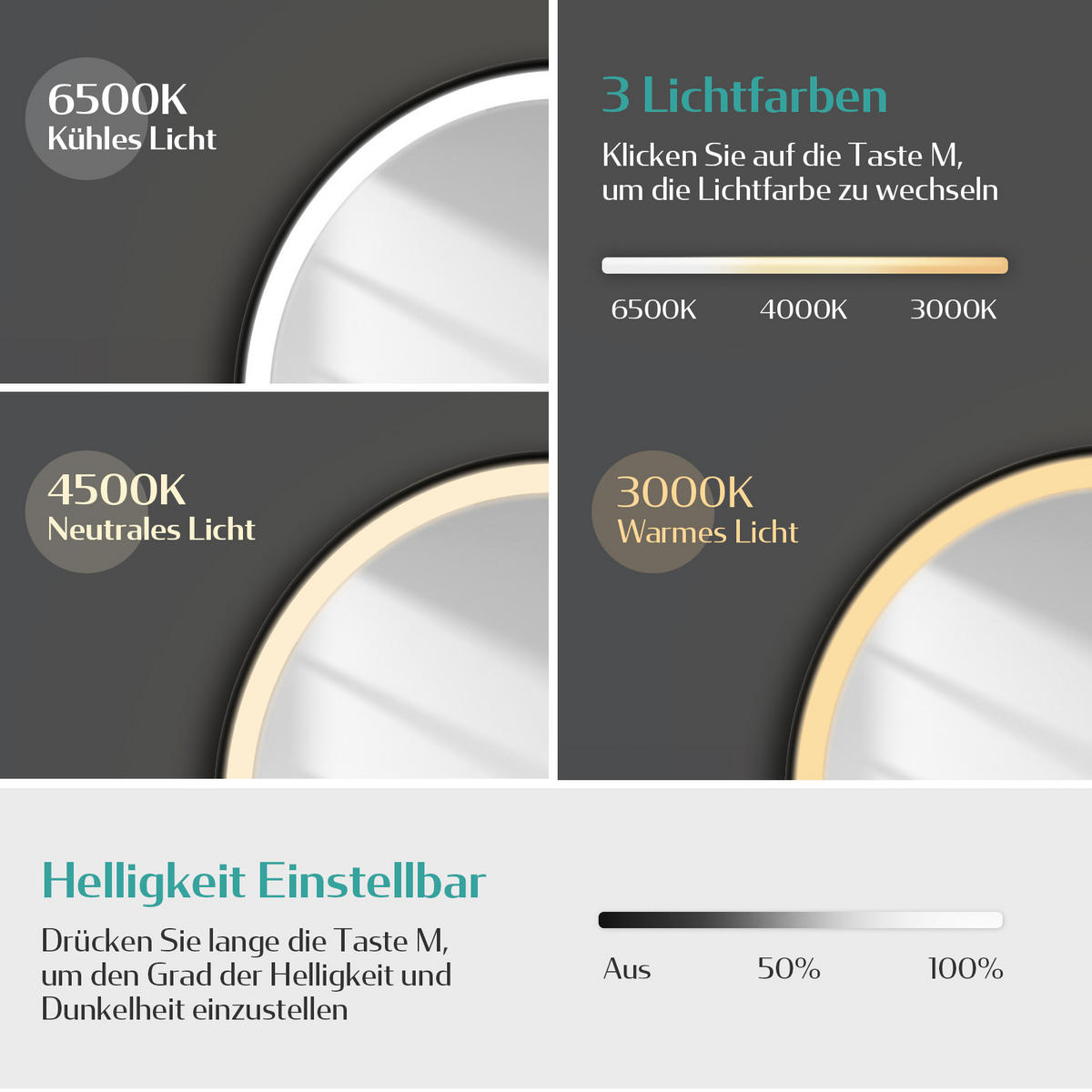 BADSPIEGEL Rund mit Touch-Schalter Beleuchtung mit Hängeriemen Schwarz ф70 cm - Schwarz, Glas (70/3/70cm) - EMKE