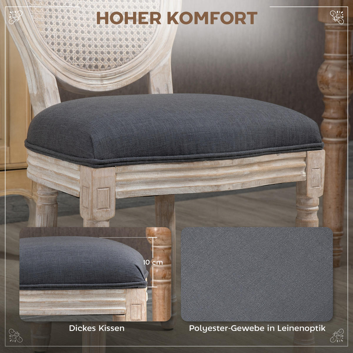 ESSZIMMERSTÜHLE 2er Set Küchenstuhl mit Rattan-Rückenlehne, Leinenoptik Grau - Naturfarben/Grau, Holz/Textil (56/96/49cm) - HOMCOM