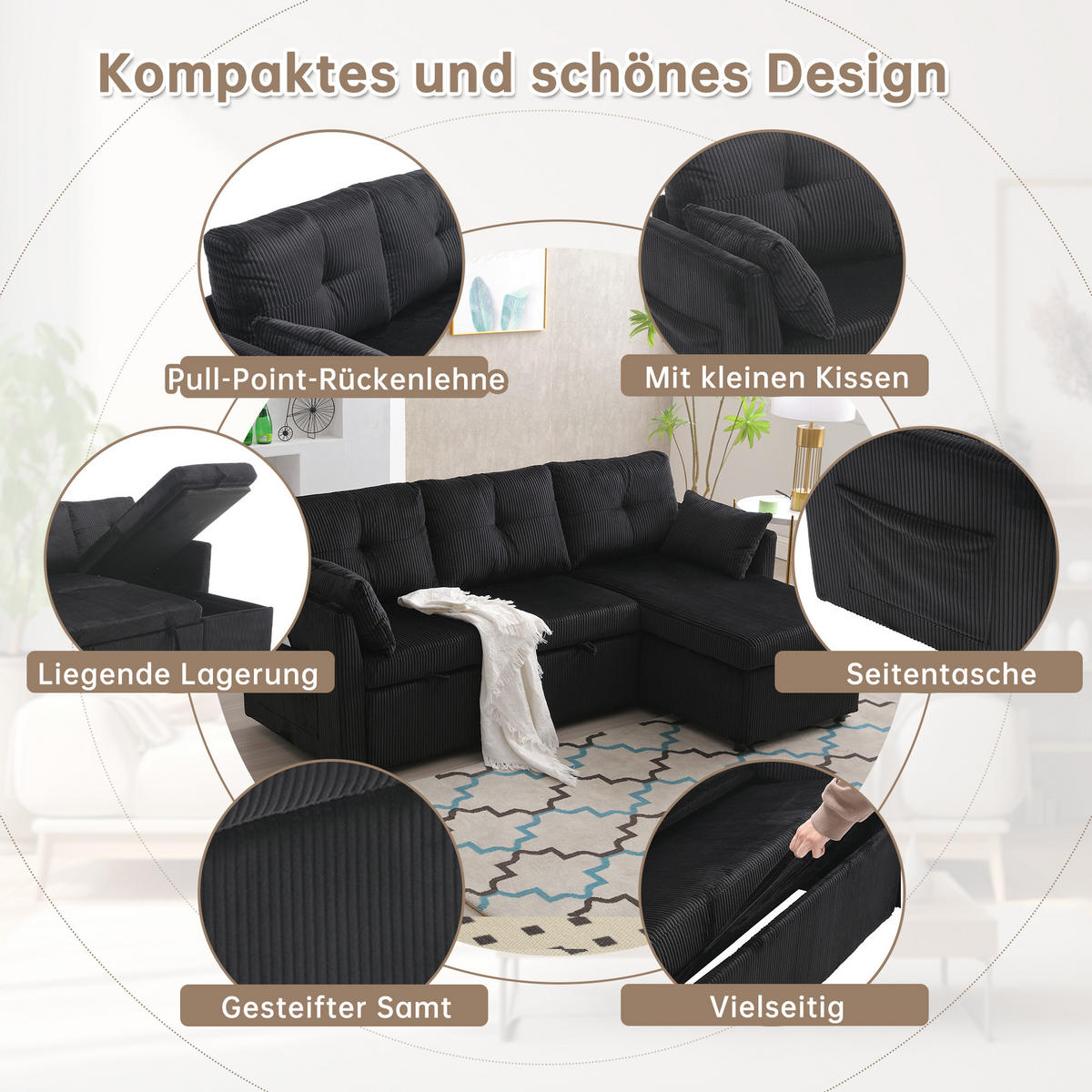 ECKSCHLAFSOFA Cord modular mit Stauraum Schwarz 206/108/66 cm - Schwarz, Textil (108/206cm) - Redom