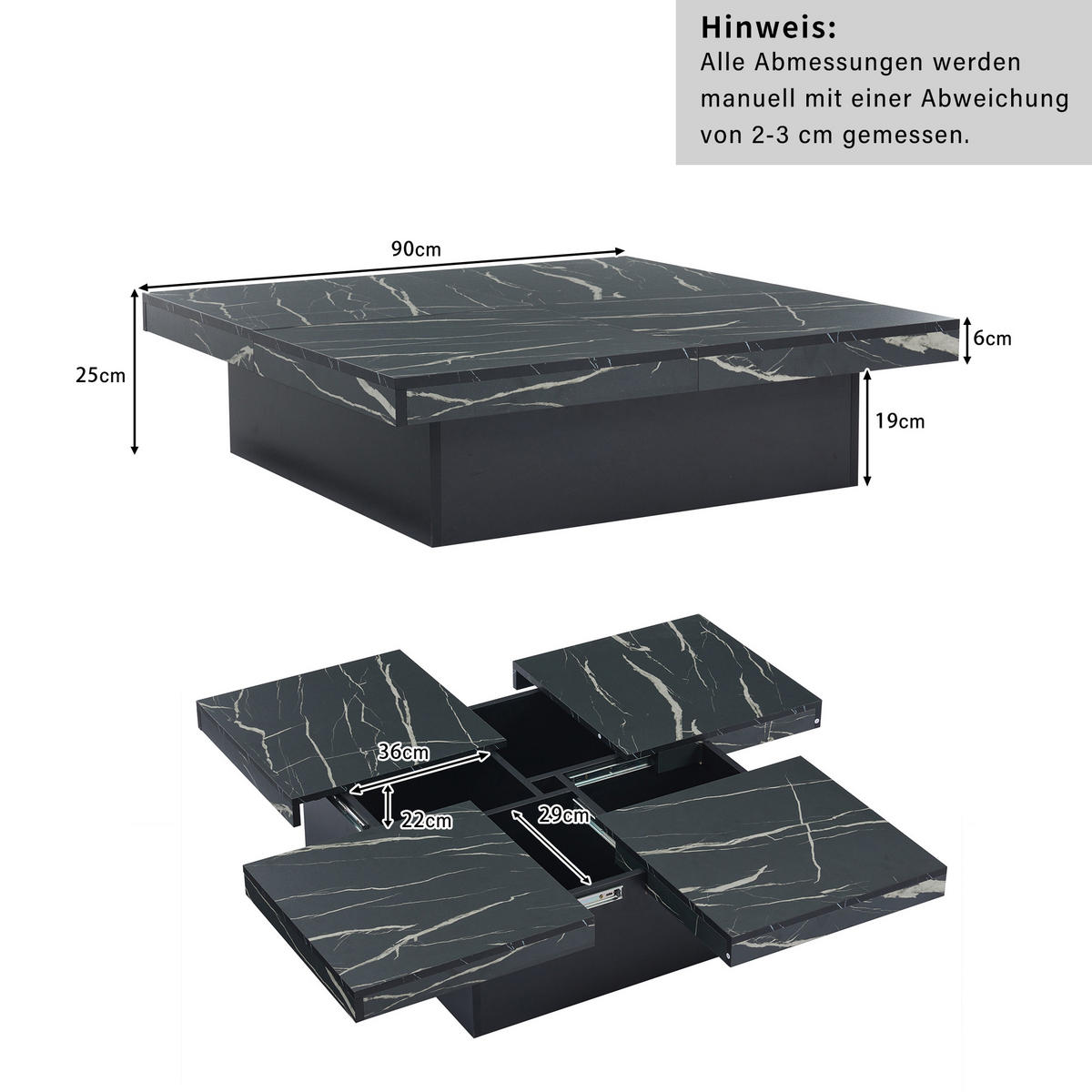 COUCHTISCH 90/90/25 cm schwarz mit Marmor-Optik und 4 Schubladen - Schwarz, Holzwerkstoff (90/90/25cm) - OKWISH