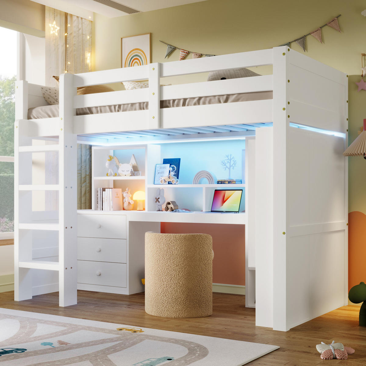 HOCHBETT 90/200 cm aus Kiefer mit LED-Beleuchtung Schreibtisch und Kleiderschrank Weiß - Weiß, Holzwerkstoff (90/200cm) - Modenvie