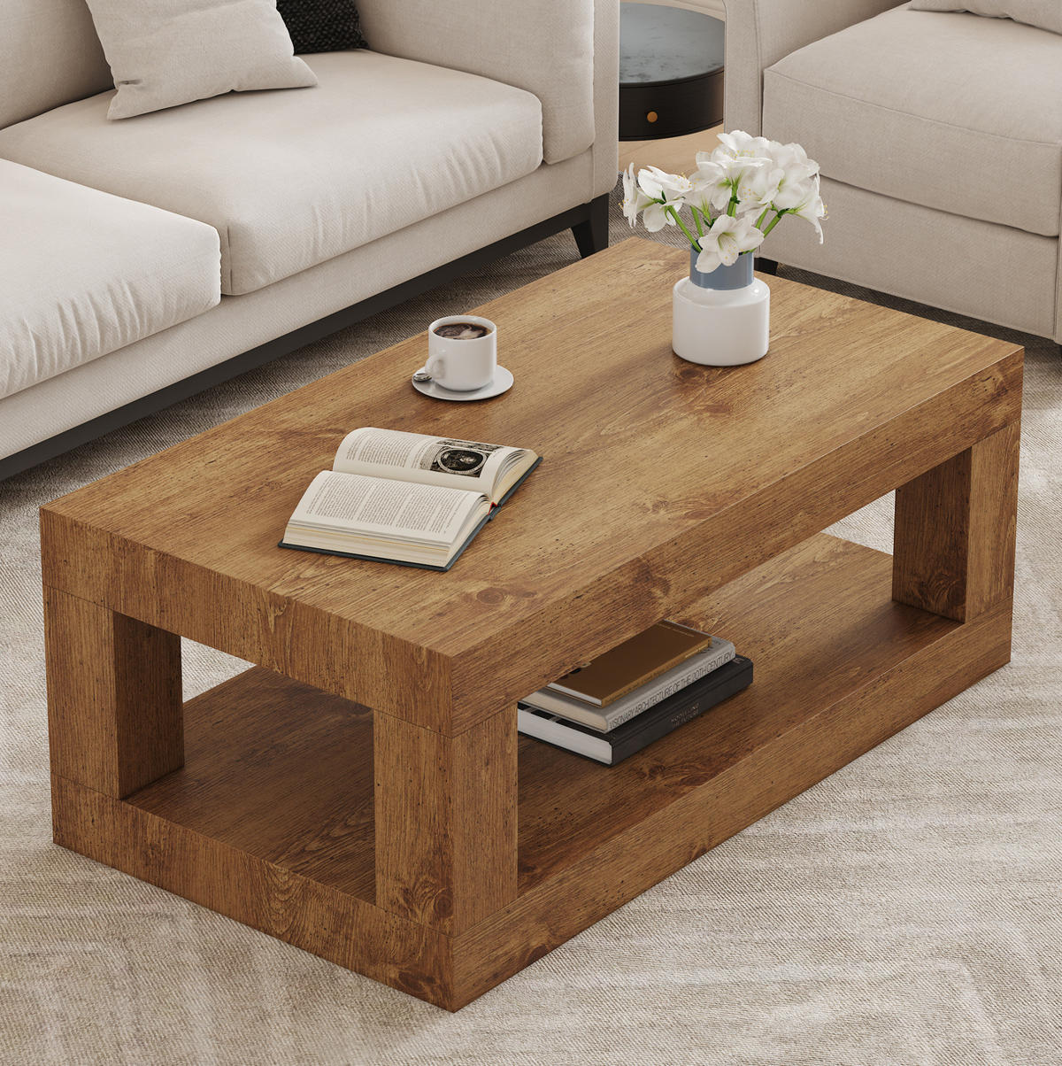 COUCHTISCH aus MDF in Naturfarben 93x53x46 cm mit 2 Ablageebenen - Naturfarben, Holzwerkstoff (93/53/46cm) - Modfu