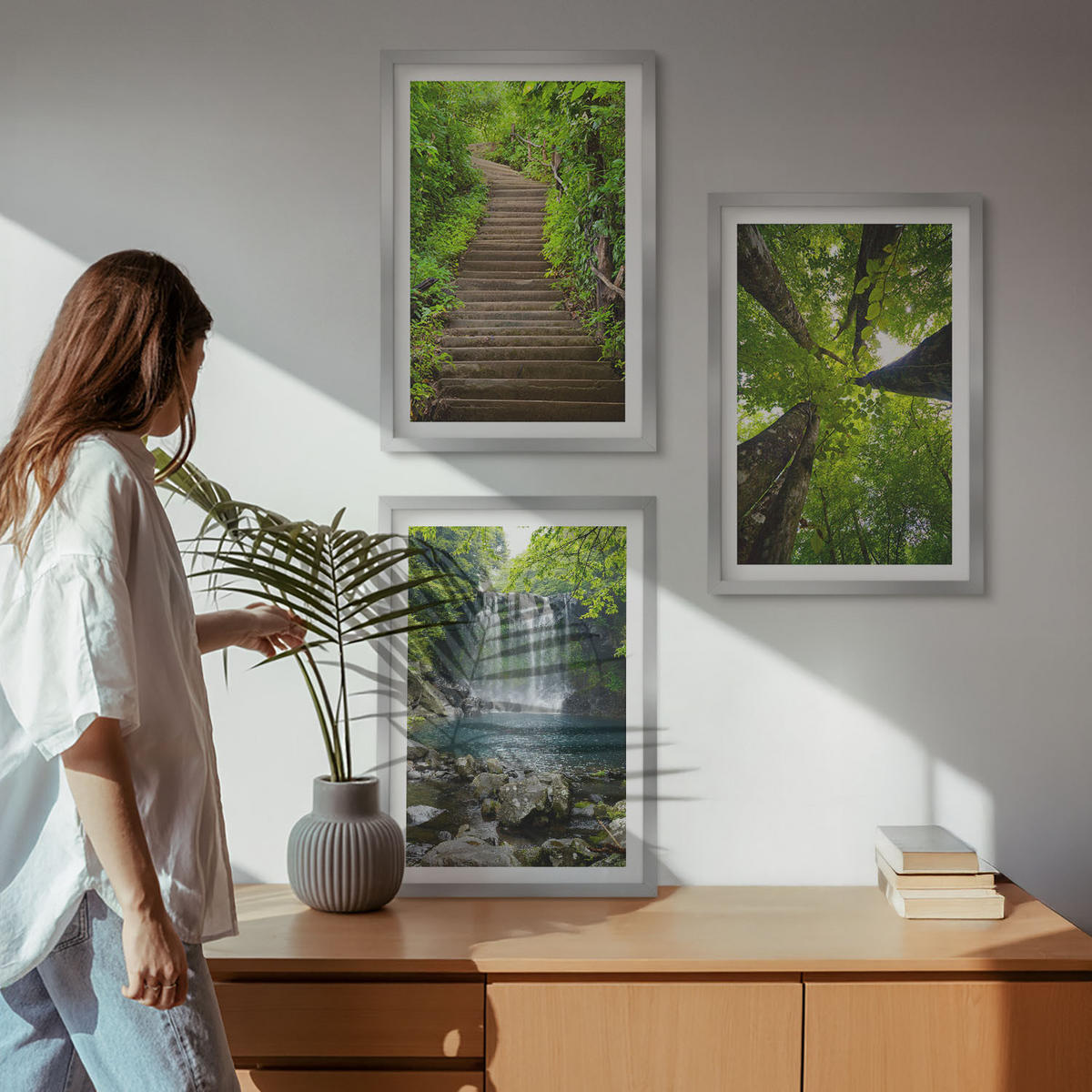 BILDER SET 3er Set - 40x60 cm Silberner Rahmen - Pfad Wald Wasserfall Vegetation - Silberfarben, Kunststoff (40/60cm) - TULUP