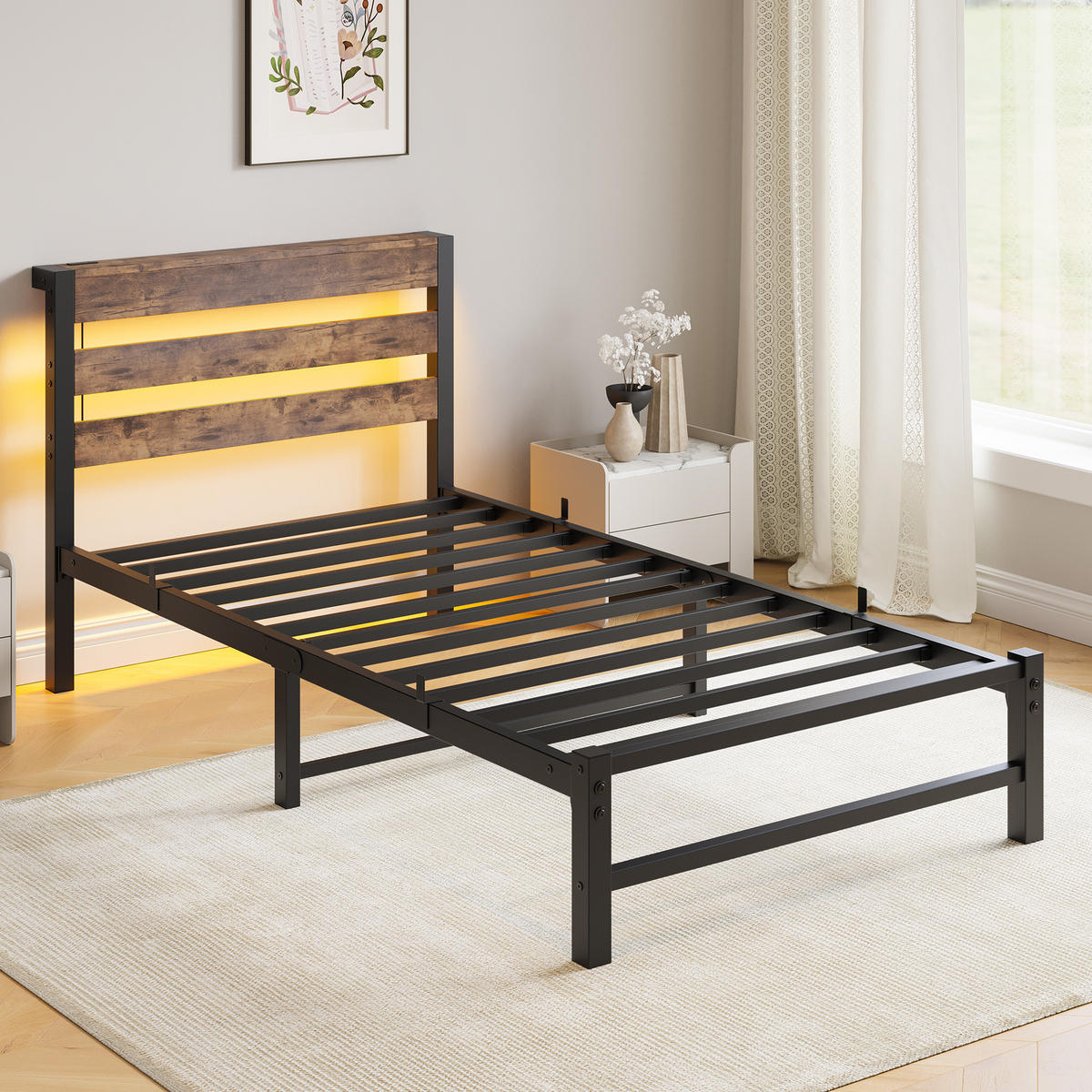 METALLBETT 90/200 cm Braun mit LED-Beleuchtung, USB-Ladestation und Stauraum unter dem Bett - Braun, Metall (90/200cm) - Oxeza