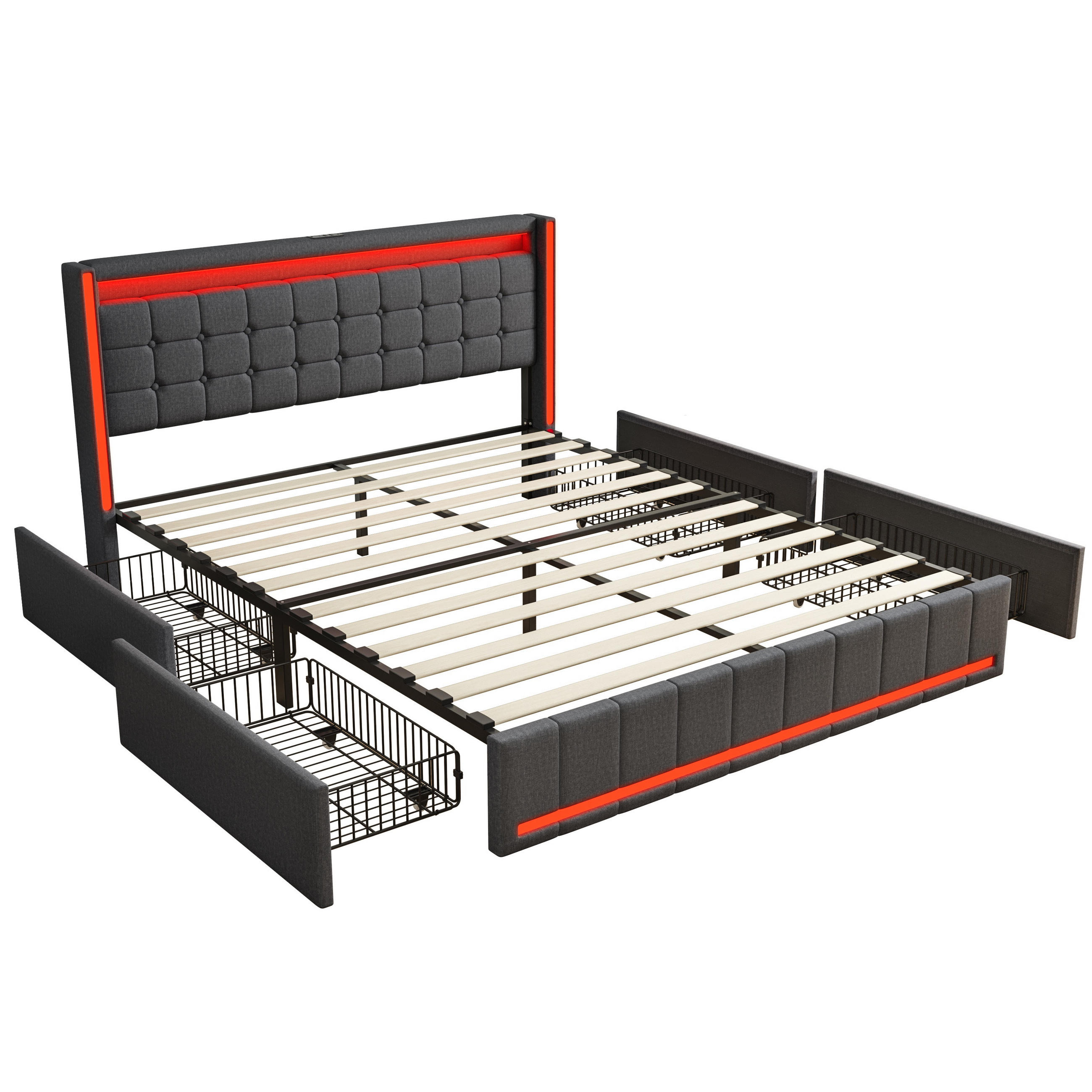POLSTERBETT 140x200 cm Lumina Smart mit 3-Zonen RGB-LED, USB & USB-C, 4 Schubladen, Leinen-Optik, Dunkelgrau - Grau, Textil (140/200cm) - DELFA