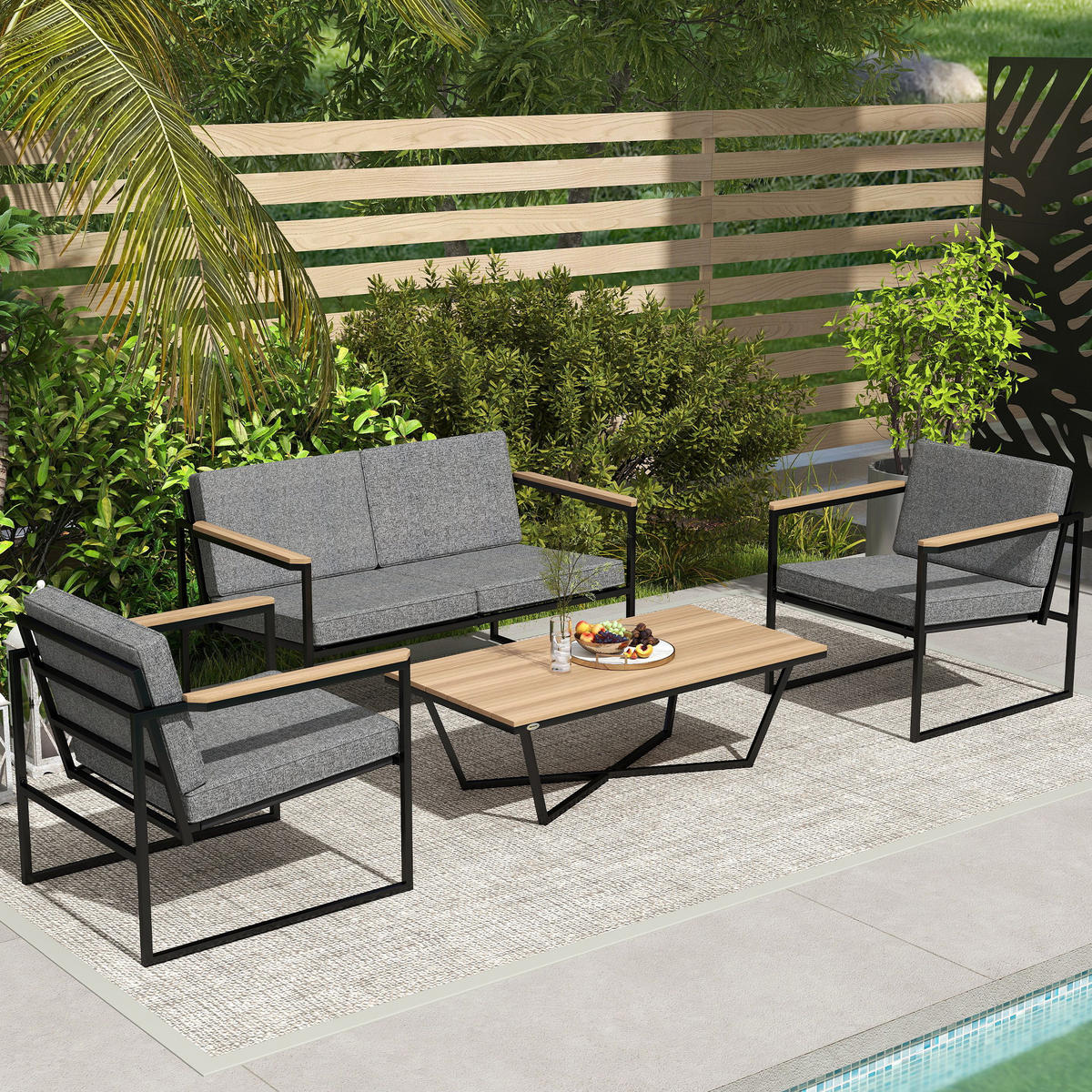 GARTENMÖBEL SET DE-06485 wetterfest, 2er Sofa, 2 Stühle, Beistelltisch Grau - Grau, Textil/Metall - ComfortXL