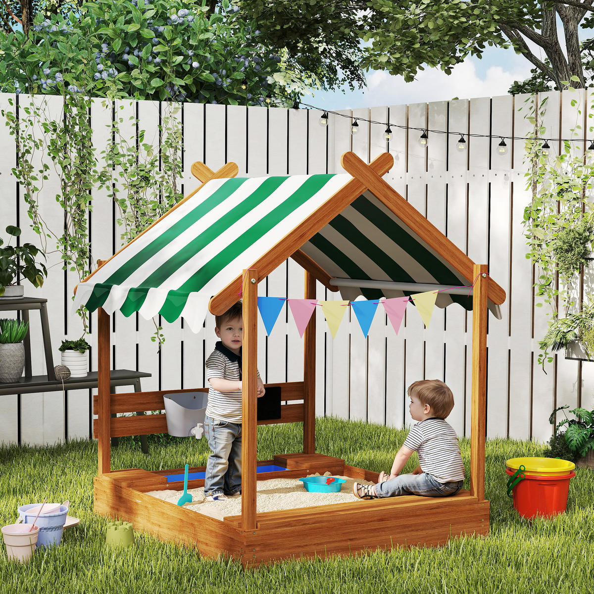 SANDKASTEN DE-10468 mit Spielhaus-Design & Sonnenschutz Grün - Grün, Holzwerkstoff (124/116/146cm) - ComfortXL
