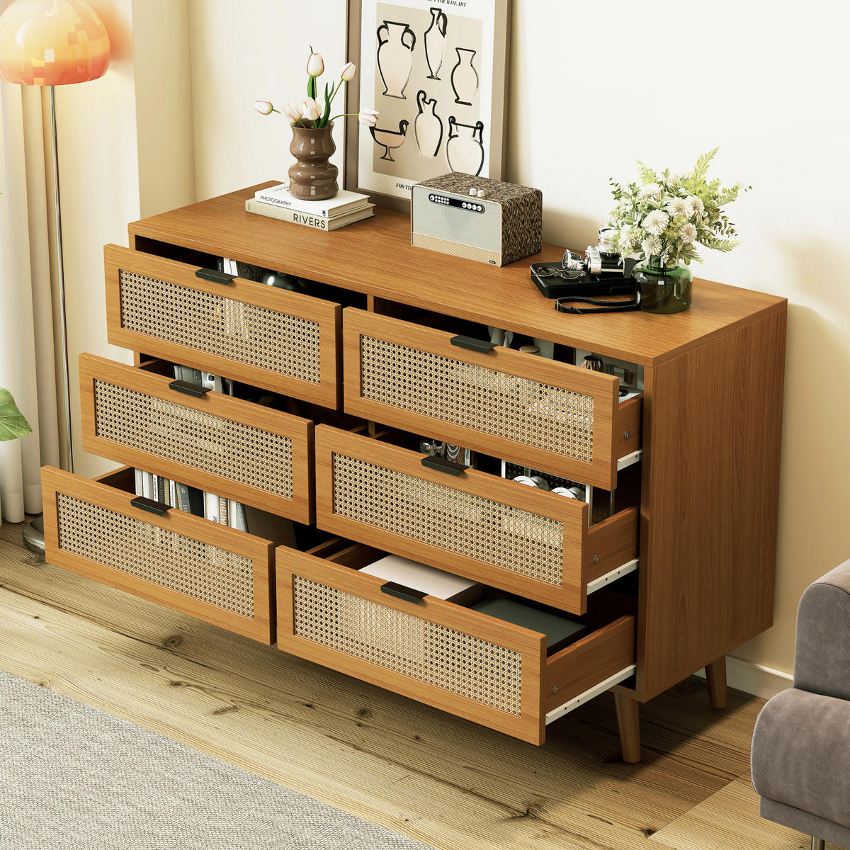 SIDEBOARD Nussbaum, 6 Schubladen, Rattanoptik, Metallgriffe - Kastanienfarben, Holz (120/76/40cm)