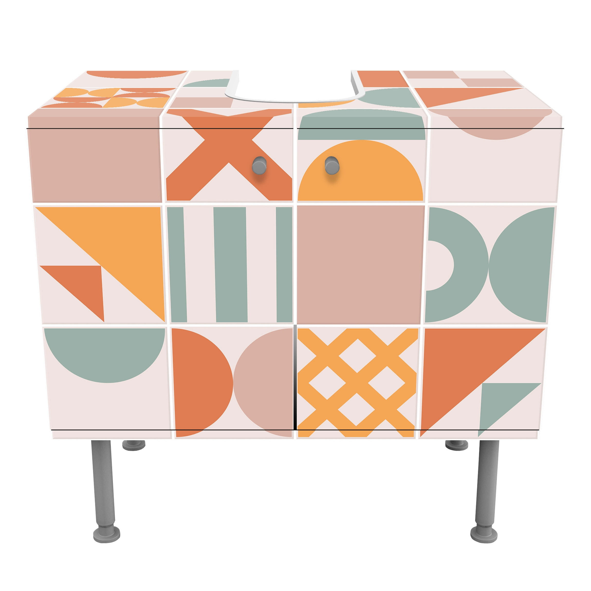 WASCHBECKENUNTERSCHRANK Fliesen Geometrische Formen Apricot und Türkis 60/55/35 cm - Orange, Holzwerkstoff (60/55/35cm) - Bilderwelten