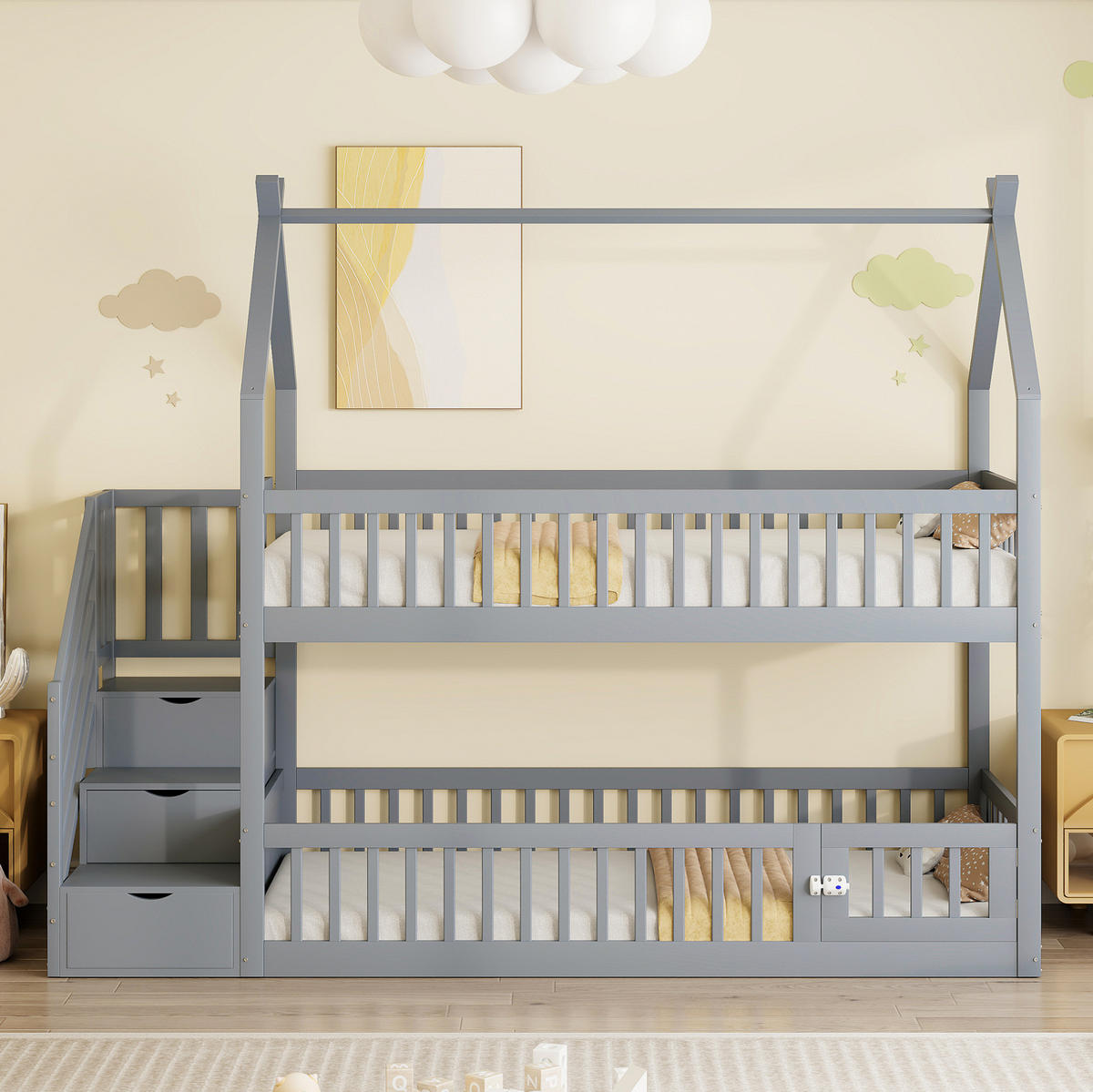 ETAGENBETT 90/200 cm Grau mit Dach, Sicherheitstreppe und Stauraumschubladen - Grau, Holz (90/200cm) - MIVRAY