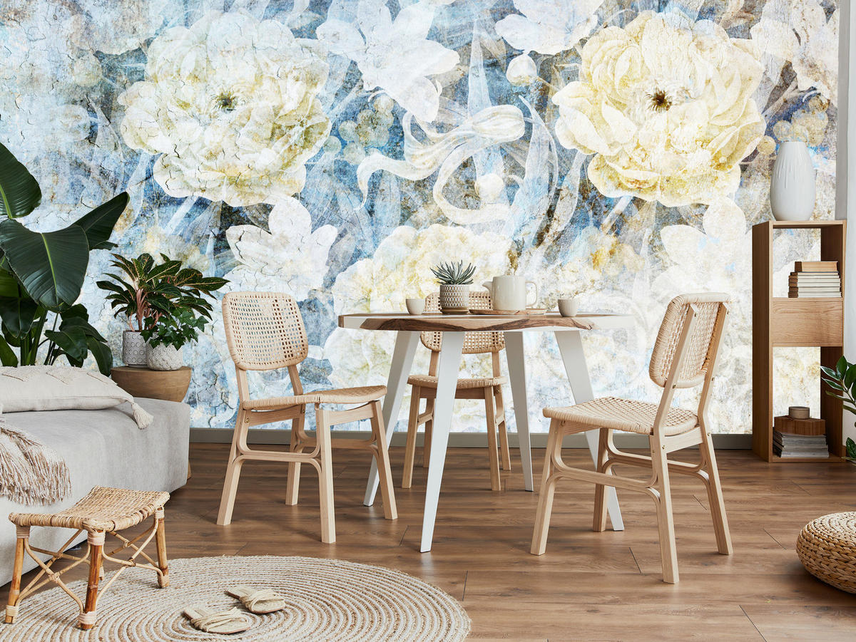 FOTOTAPETE Blumen Abstraktion Vintage Stil 450x315 - Blau/Gelb, Papier (450/315cm) - Muralo