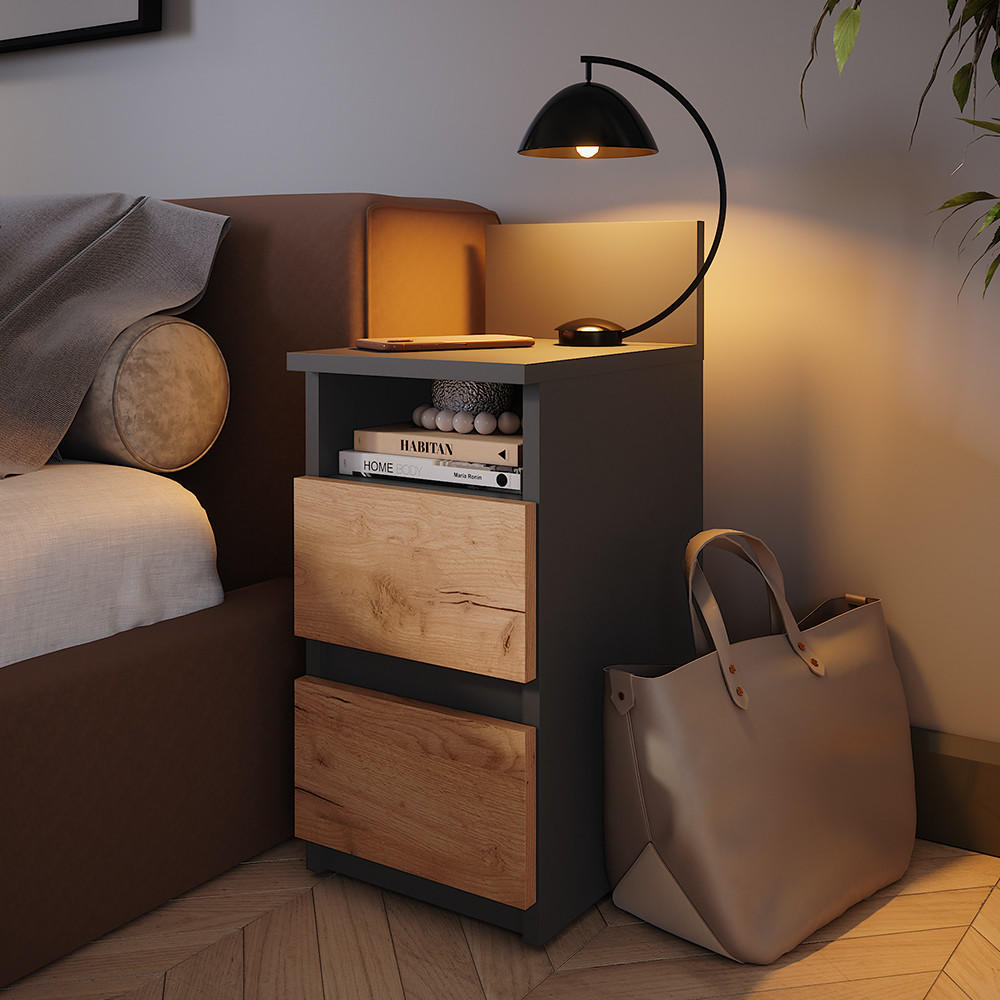 NACHTTISCH Monty Anthrazit/Goldkraft Eiche 25 x 59.1 cm 2er Set - Honigeiche/Anthrazit, Holzwerkstoff (25/59.1/32.3cm) - Vicco