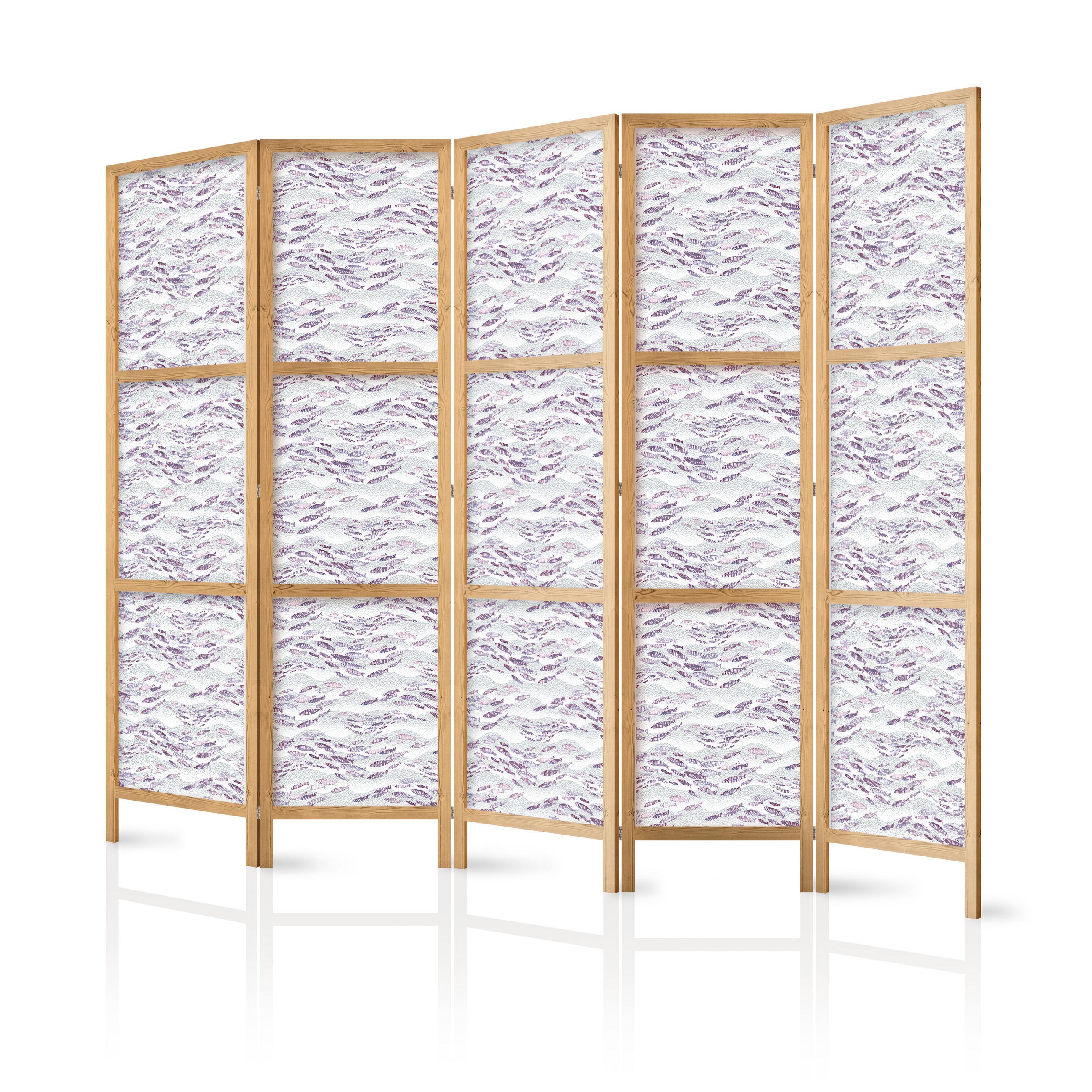 PARAVENT Japanischer 5-tlg 225x172 cm Violette Fische - Lila, Holz/Textil (225/172/3cm) - Muralo