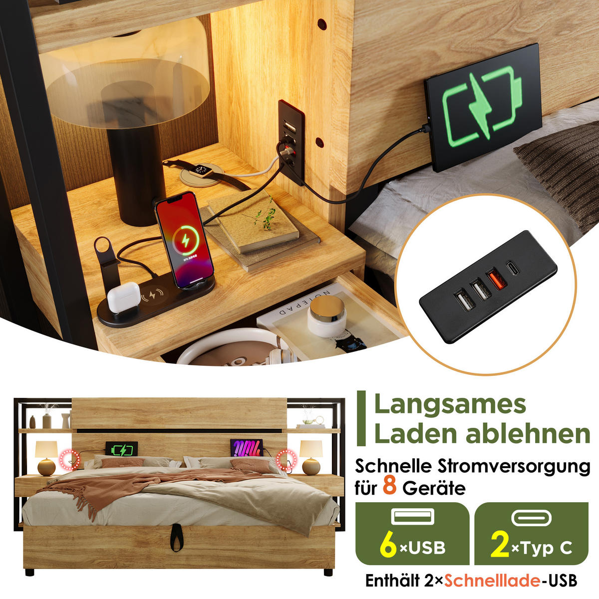 POLSTERBETT 180/200 cm Eiche mit Stauraum und USB- und Type-C-Anschlüssen - Eichefarben, Holzwerkstoff (180/200cm) - OKWISH