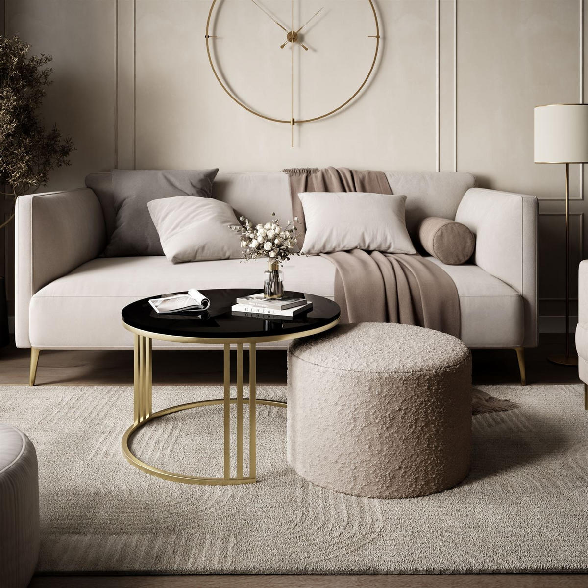 COUCHTISCH mit Hocker LORI Hochglanz gebürstetes Gold/Schwarz glänzend/Coral 50 - Schwarz, Metall (70/70/49cm) - Lookway