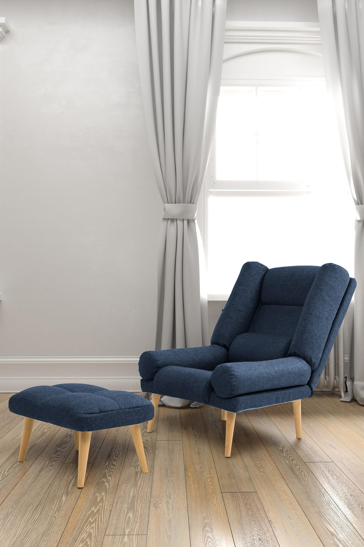 SESSEL Lola mit Fußhocker Rückenlehne 5-stufig einstellbar, dunkelblau - Dunkelblau, Holz/Kunststoff (75/100/60cm) - Margaret Hadas24