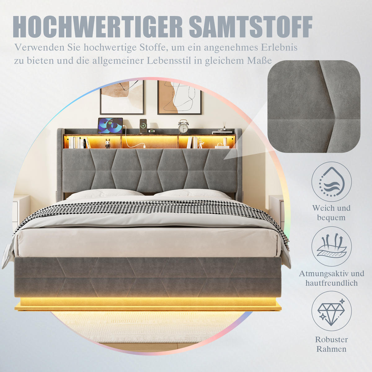 POLSTERBETT 160x200 cm LED USB Stauraum grau - Dunkelgrau, Textil (160/200cm) - LEBENLANG