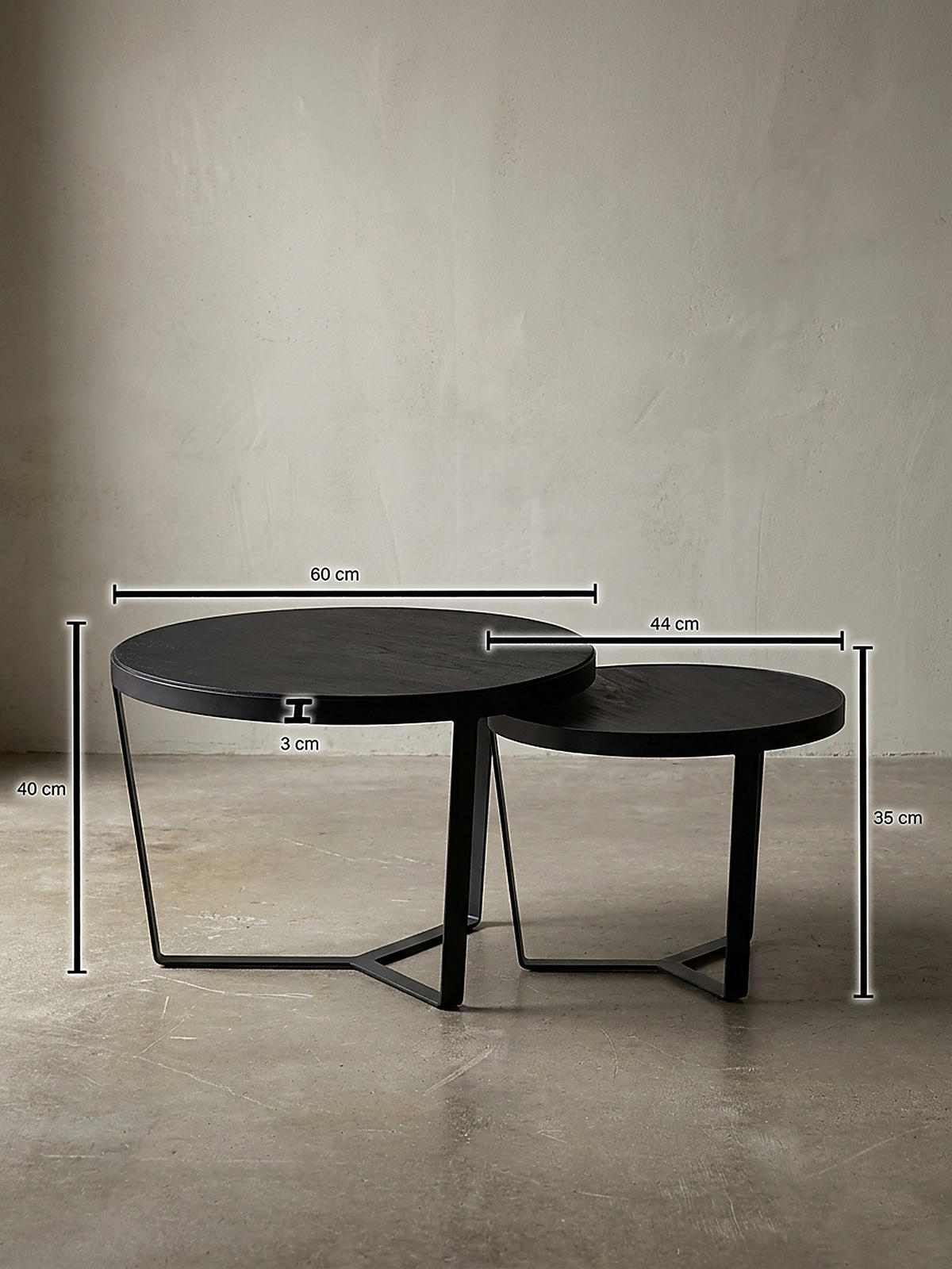 COUCHTISCH Set – 2-teilig Rund Akazie Massivholz Steinoptik Metall Schwarz Anthrazit - Schwarz, Holz/Metall (60/60/40cm) - KADIMA DESIGN