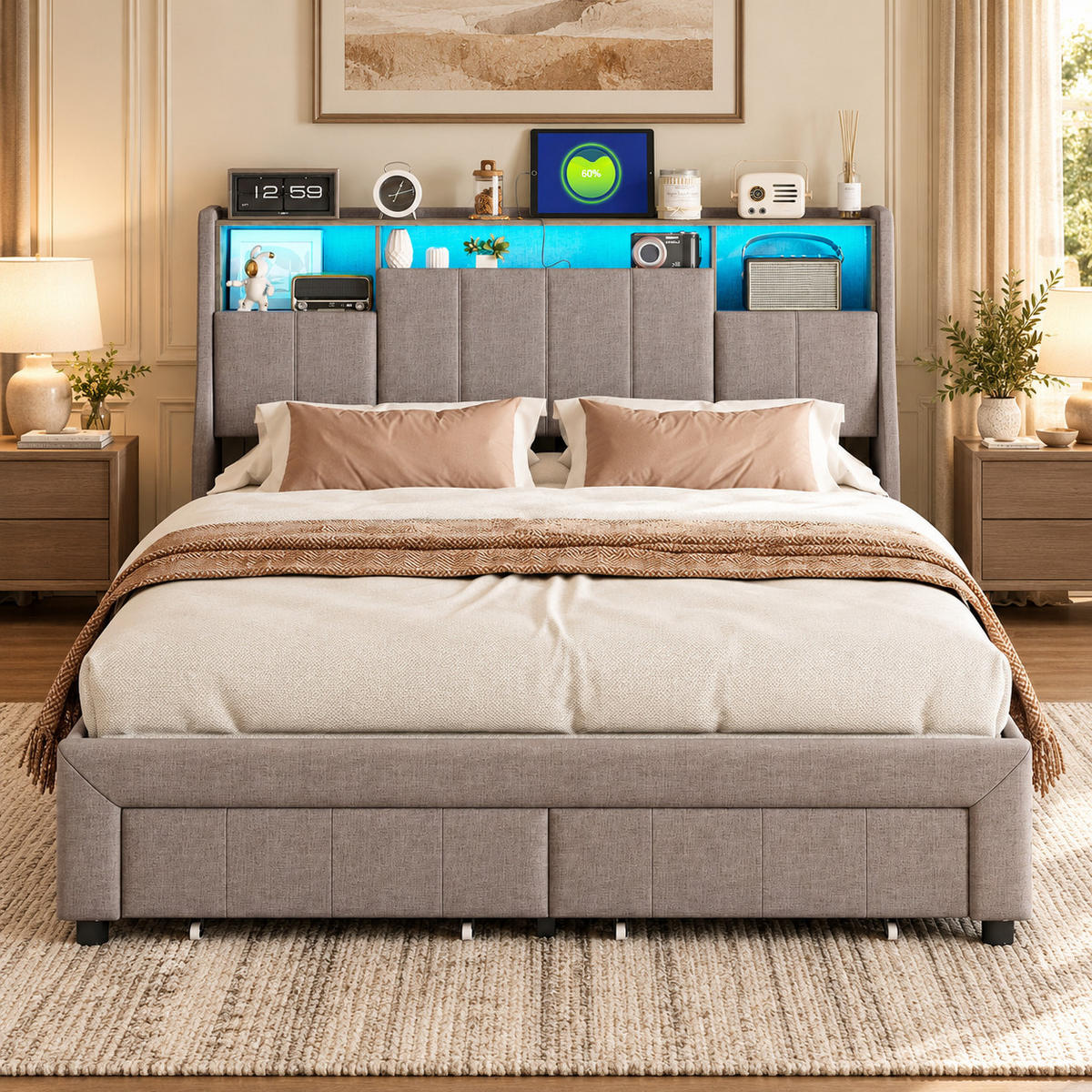 POLSTERBETT 160/200 cm mit zwei rollengeführten Schubladen am Fußende, großem Ablagekopfteil mit blauem LED-Licht & USB-Anschluss, Leinenoptik-Bezug - Grau, Holz/Metall (160/200cm) - Joyfair