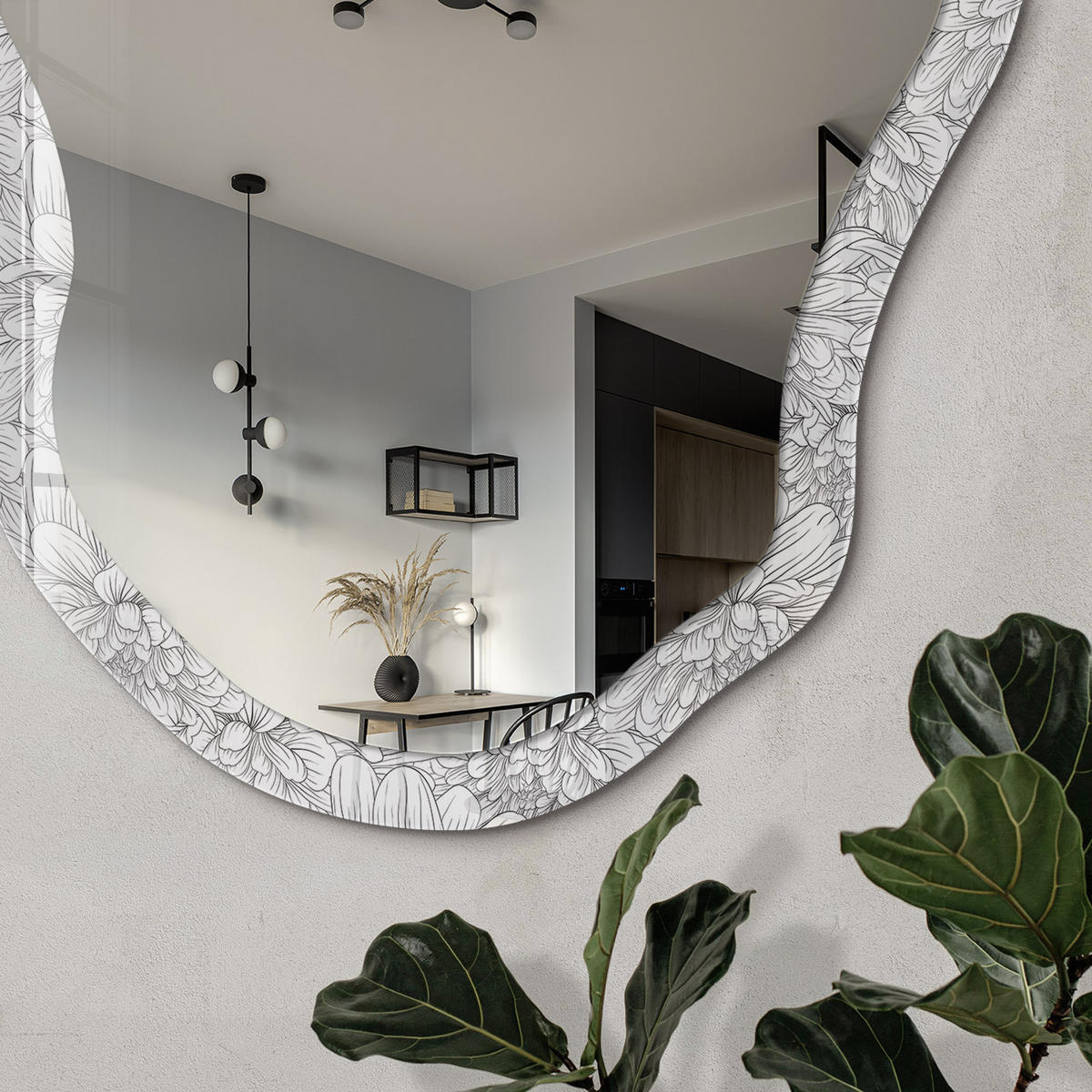 SPIEGEL 90x45 cm asymmetrisch mit Druck - Blumenmuster - Transparent, Glas (45/90/0.4cm) - TULUP