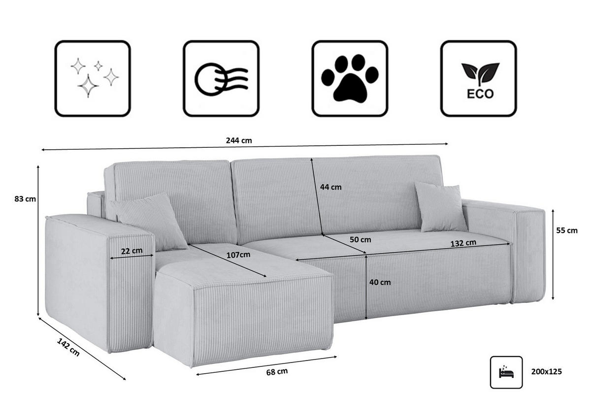 ECKSOFA Mit Schlaffunktion Und Bettkasten BEST Stoff Poso Dicker Cord Grau Links - Grau, Holz/Textil (142/244cm) - Kaiser Möbel