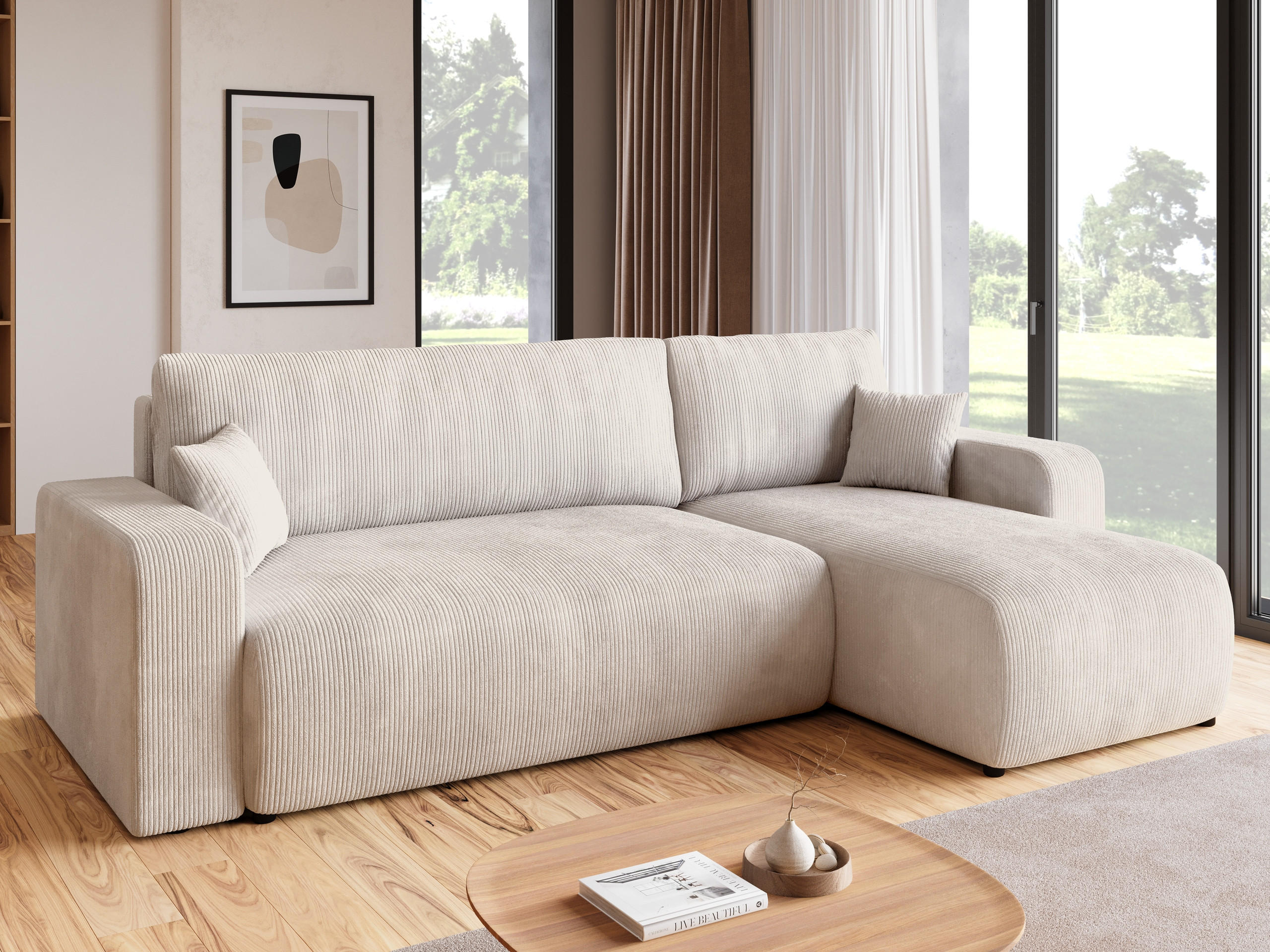 ECKSOFA PUMI mit Schlaffunktion Vanille Cord - Creme, Textil (244/148cm) - Bromarkt