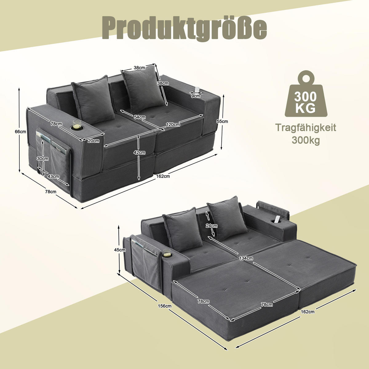 SOFA modular 162 x 78 x 66 cm Corduroy Dark Gray - Dunkelgrau, Kunststoff (78/66/162cm) - Meubliv