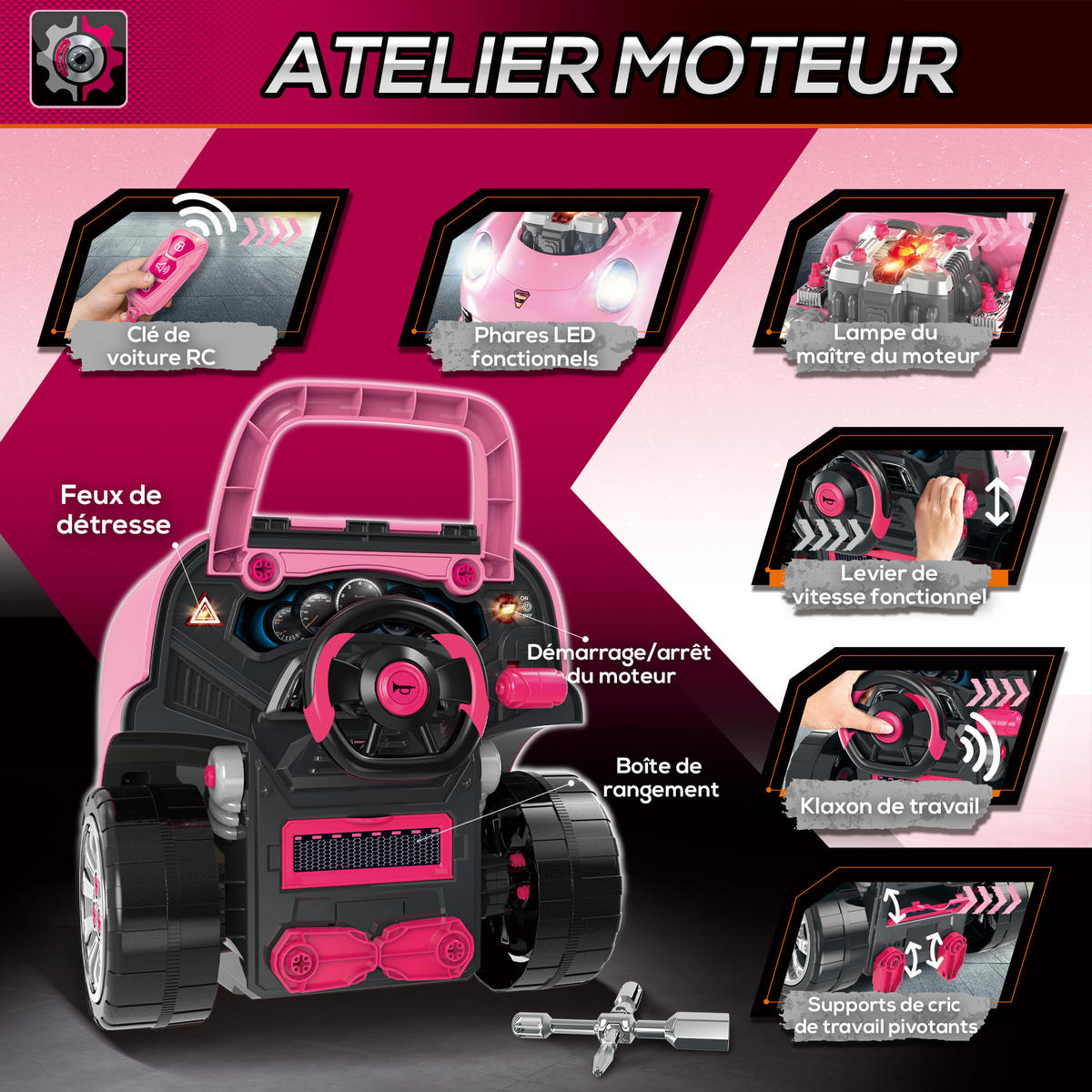 SPIELZEUG-LKW DE-18727 2-in-1 Mechaniker-Set mit Licht & Sound Rosa - Pink, Kunststoff (99.06/119.38/101.6cm) - ComfortXL