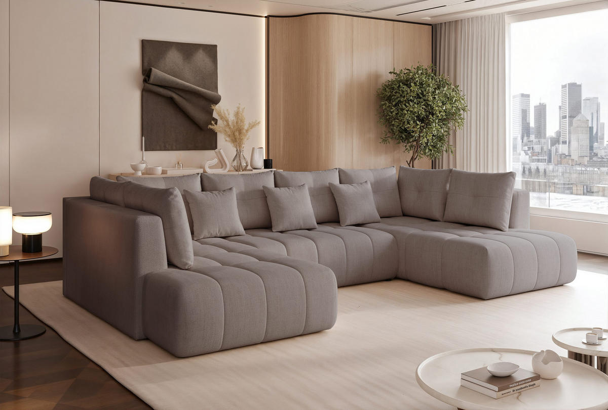 WOHNLANDSCHAFT STONE mit Schlaffunktion und Bettkasten, Stoff Beige-Grau - Grau, Kunststoff/Textil (350/91/190cm) - Idohome