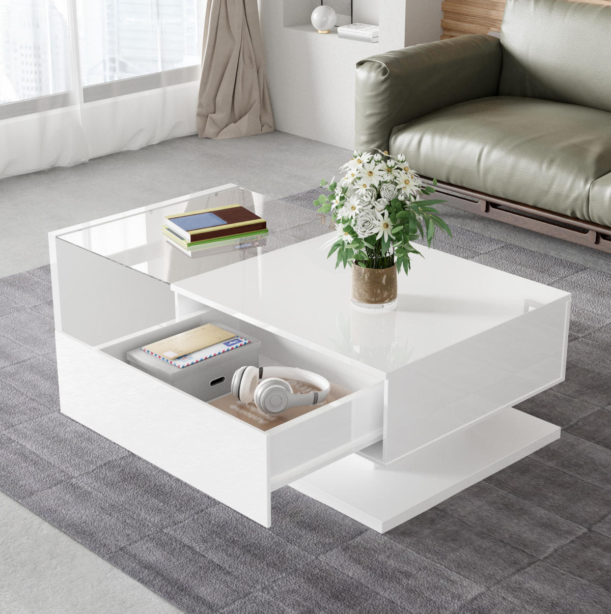 COUCHTISCH aus Spanplatte und Glas 105x55x32,5 cm in Weiß mit LED-Beleuchtung - Weiß, Holzwerkstoff (105/55/32.5cm) - Modfu