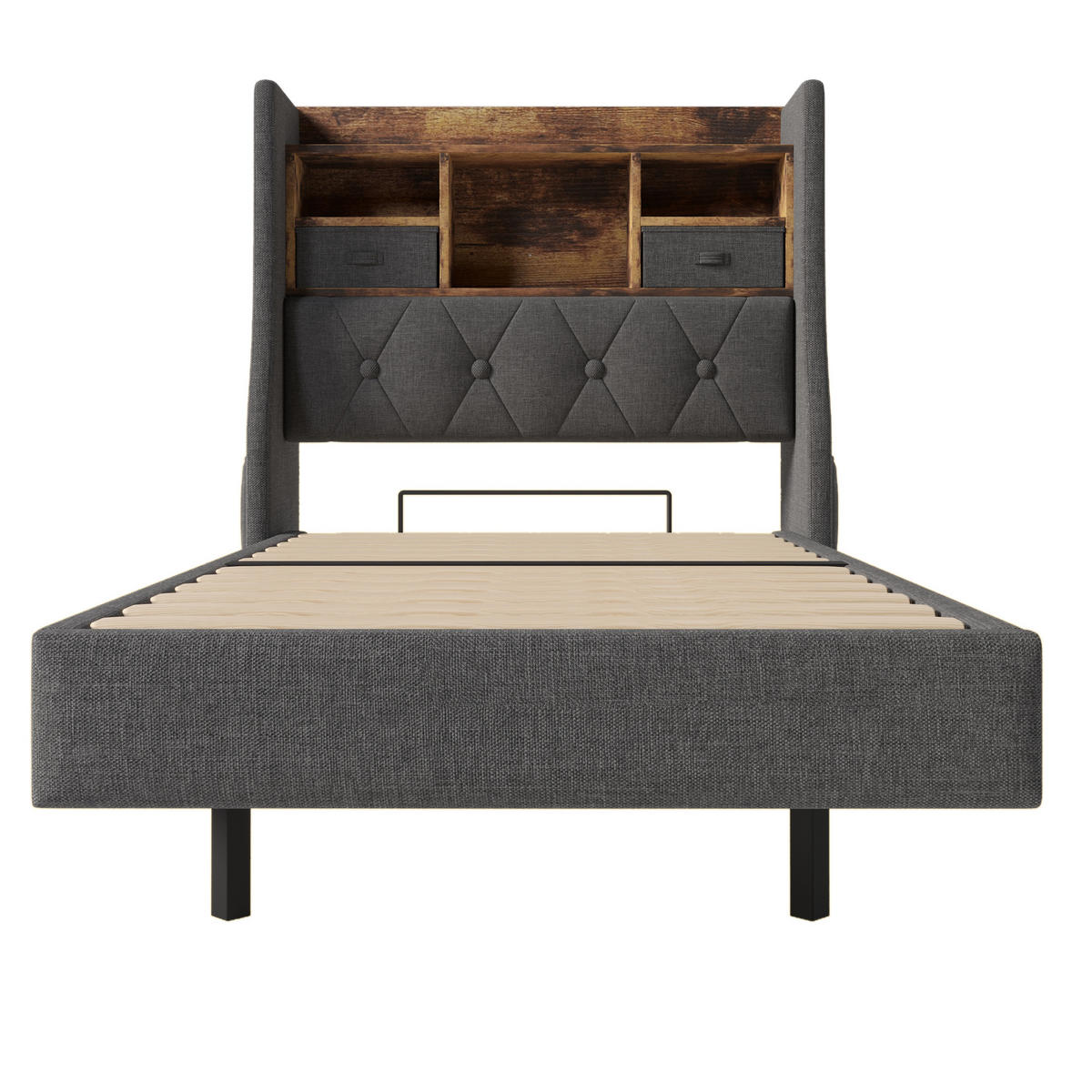 POLSTERBETT aus Leinen 90x200 cm in Grau mit LED & Ladestation - Grau, Textil (90/200cm) - Modfu