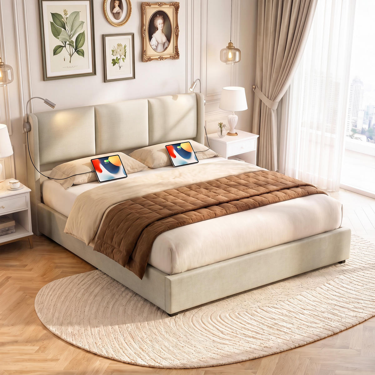 POLSTERBETT 160x200 cm mit Stauraum, Ladestation, Kopfteillampe - Beige, Holzwerkstoff/Textil (160/200cm) - WoodenAura