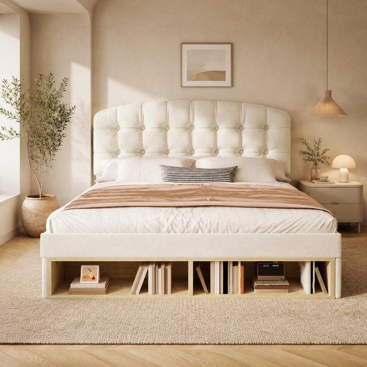 POLSTERBETT 140/190 mit höhenverstellbarem Kopfteil, Schubladen und Stauraum in Beige - Beige, Holzwerkstoff/Textil (140/190cm) - EVRYAE