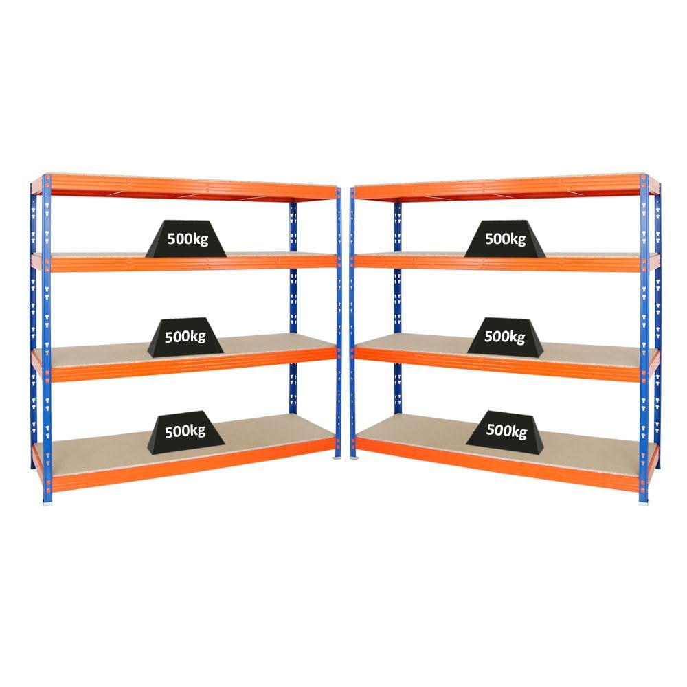 SCHWERLASTREGAL Rhino 2er-Set mit 2x 180x200x60 cm 4 Spanplatten-Ebenen 16mm Fachlast 500 kg Blau-Orange - Orange, Metall (400/180/60cm) - PROREGAL