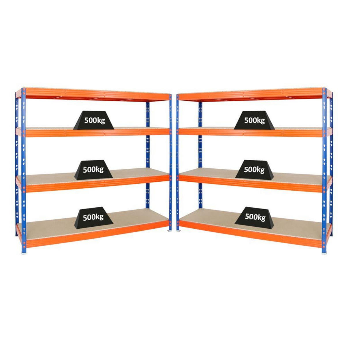 SCHWERLASTREGAL Rhino 2er-Set mit 2x 180x200x60 cm 4 Spanplatten-Ebenen 8mm Fachlast 500 kg Blau-Orange - Orange, Metall (400/180/60cm) - PROREGAL