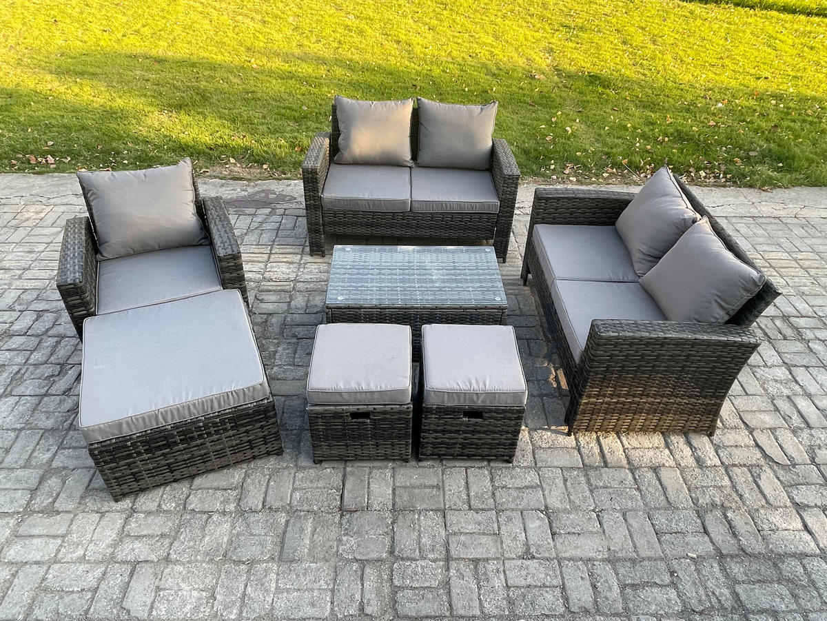 GARTENMÖBEL-SET SOFA STUHL COUCHTISCH 3 HOCKER Polyrattan Dunkelgrau Gemischt 8-Sitzer - Dunkelgrau, Metall - Fimous