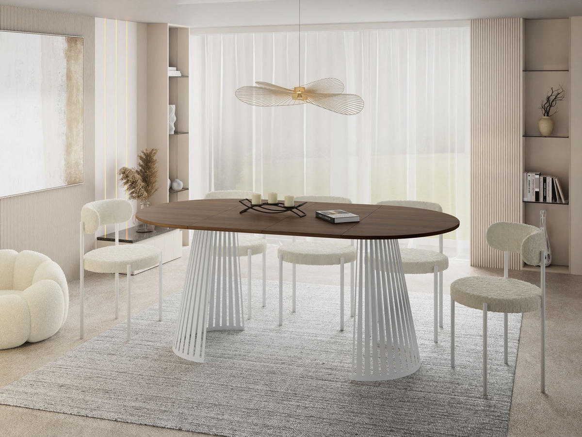 ESSTISCH Naro rund ausziehbar mit Weißem Lamellen-Metallgestell, Walnuss Braun 100-180/100/76 cm - Walnussfarben/Weiß, Holzwerkstoff/Metall (100/100/76cm) - WFL GROUP
