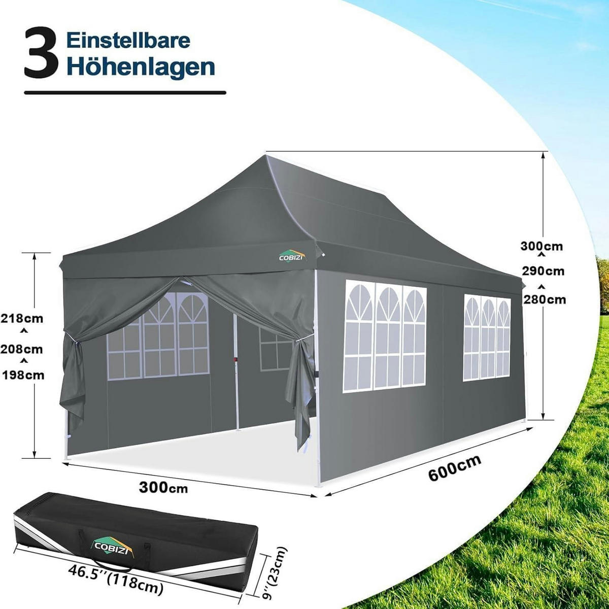 FALTPAVILLON 3 x 6 m Dunkelgrau Wasserdicht mit 6 Seitenteilen - Grau, Textil (300/300/600cm)