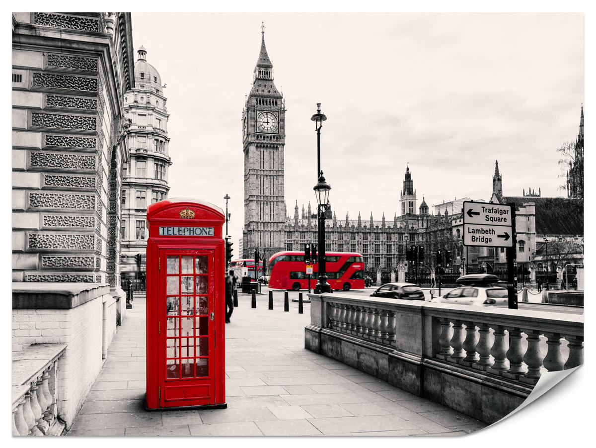 FOTOTAPETE für Wohnzimmer Rote Telefonzelle London BIG BEN Bus 400x280 - Beige/Rot, Papier (400/280cm) - Muralo