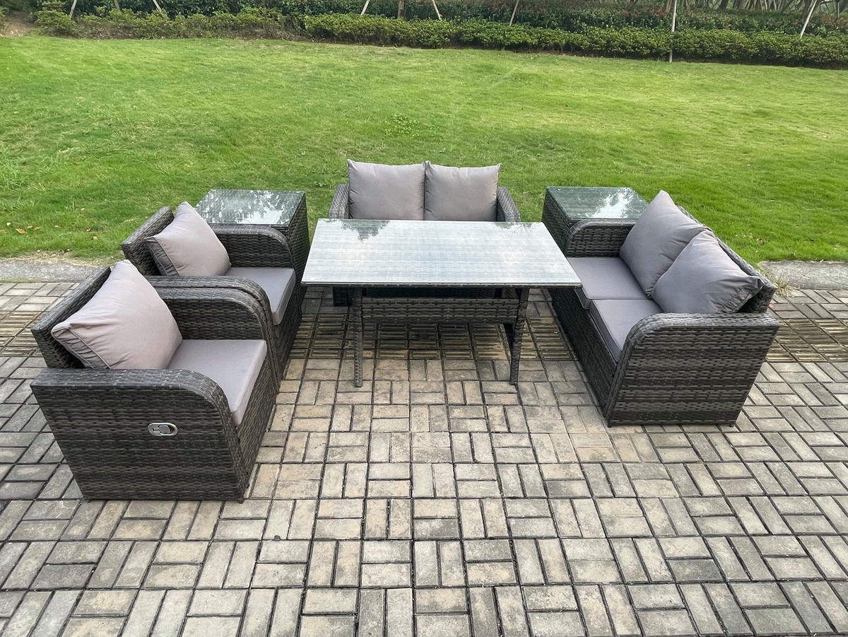 GARTENSET mit Zweisitzer,Esstisch,Beistelltischen Polyrattan 6-Sitzer - Dunkelgrau/Grau, Glas/Kunststoff - Fimous