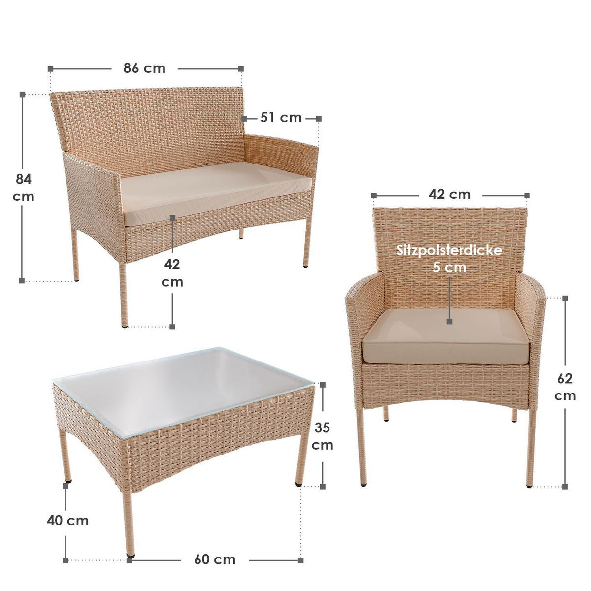 GARTENSET Fort Myers creme/ sand - Creme, Kunststoff/Metall - Juskys