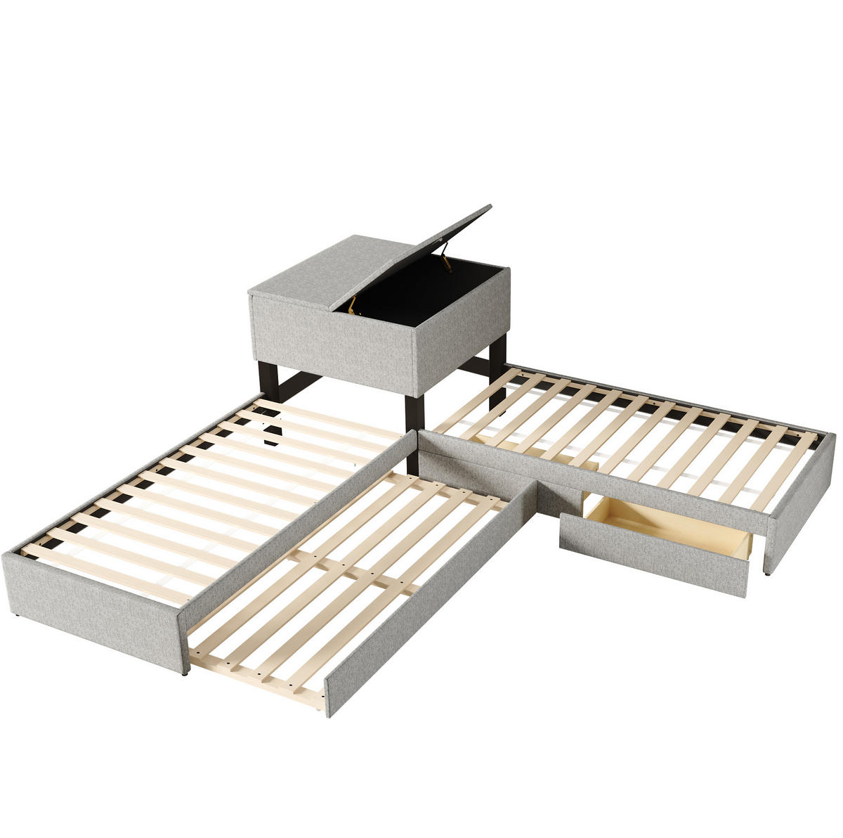 ECKBETT 90/200 cm mit Ausziehbett, Stauraumschrank, 2 Schubladen und Leinenbezug, Grau - Grau, Textil (90/200cm) - Redom