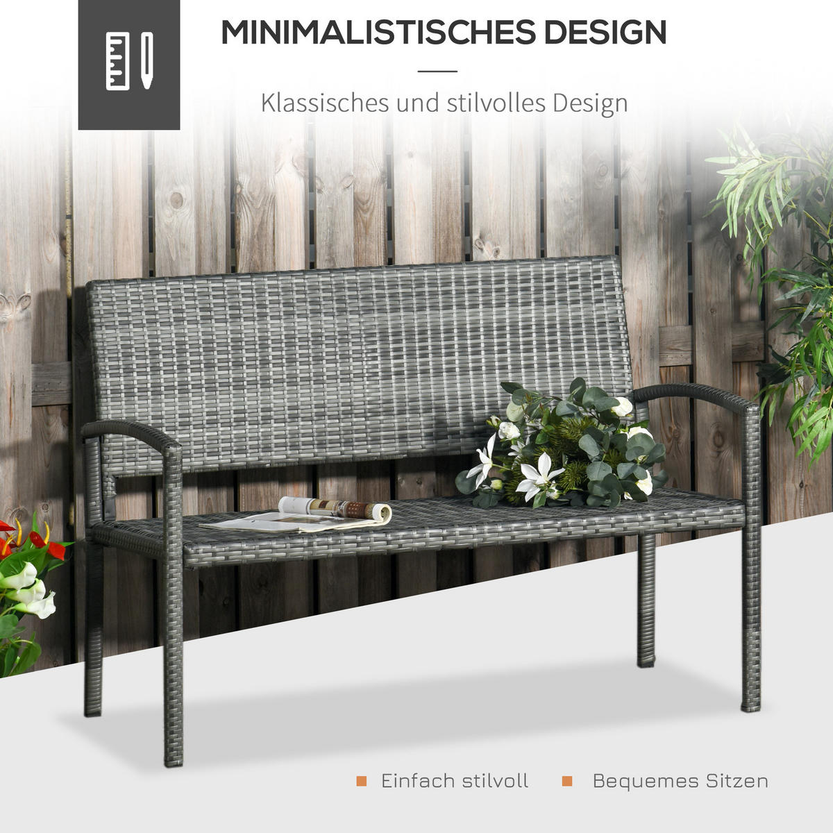 ZAHRADNÍ lavice z oceli a polyratanu 122x60x85 cm šedá pro 2 osoby s vysokou stabilitou a snadnou montáží - šedá, kov (122/85/60cm) - Modfu