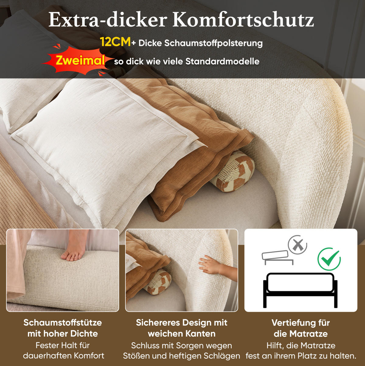 POLSTERBETT aus Chenille 140x190 cm Beige mit Lattenrost und gepolstertem Kopfteil - Beige, Textil (140/190cm) - Modfu