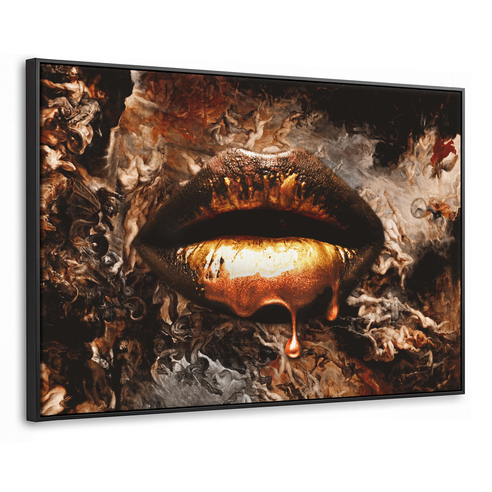 LEINWAND Bilder mit Rahmen - Gold - Lippen - Kunst - Gold - Luxus - Abstrakt - 90x60 - Kupferfarben, Textil (90/60cm) - MuchoWow