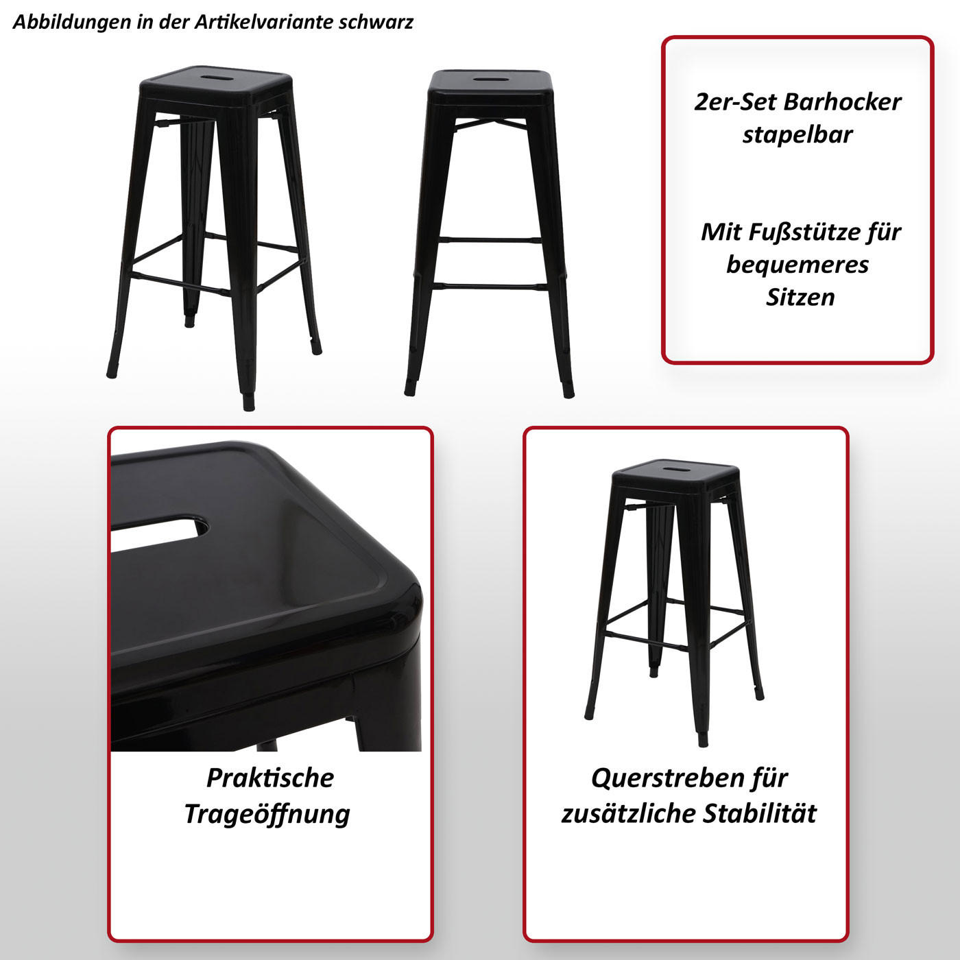 BARHOCKER Schwarz 2er-Set - Schwarz, Metall (43/77/43cm) - MCW