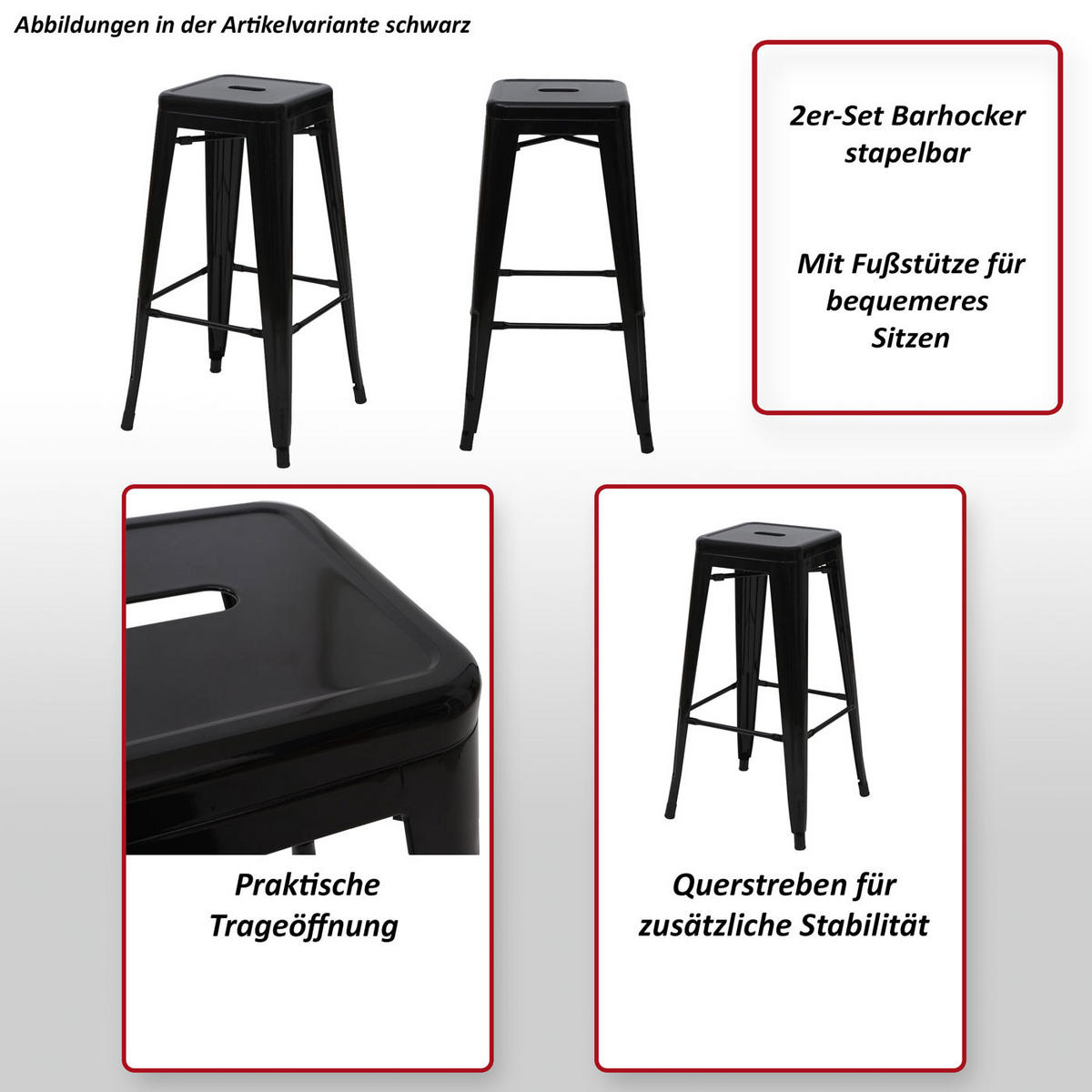 BARHOCKER Schwarz 2er-Set - Schwarz, Metall (43/77/43cm) - MCW