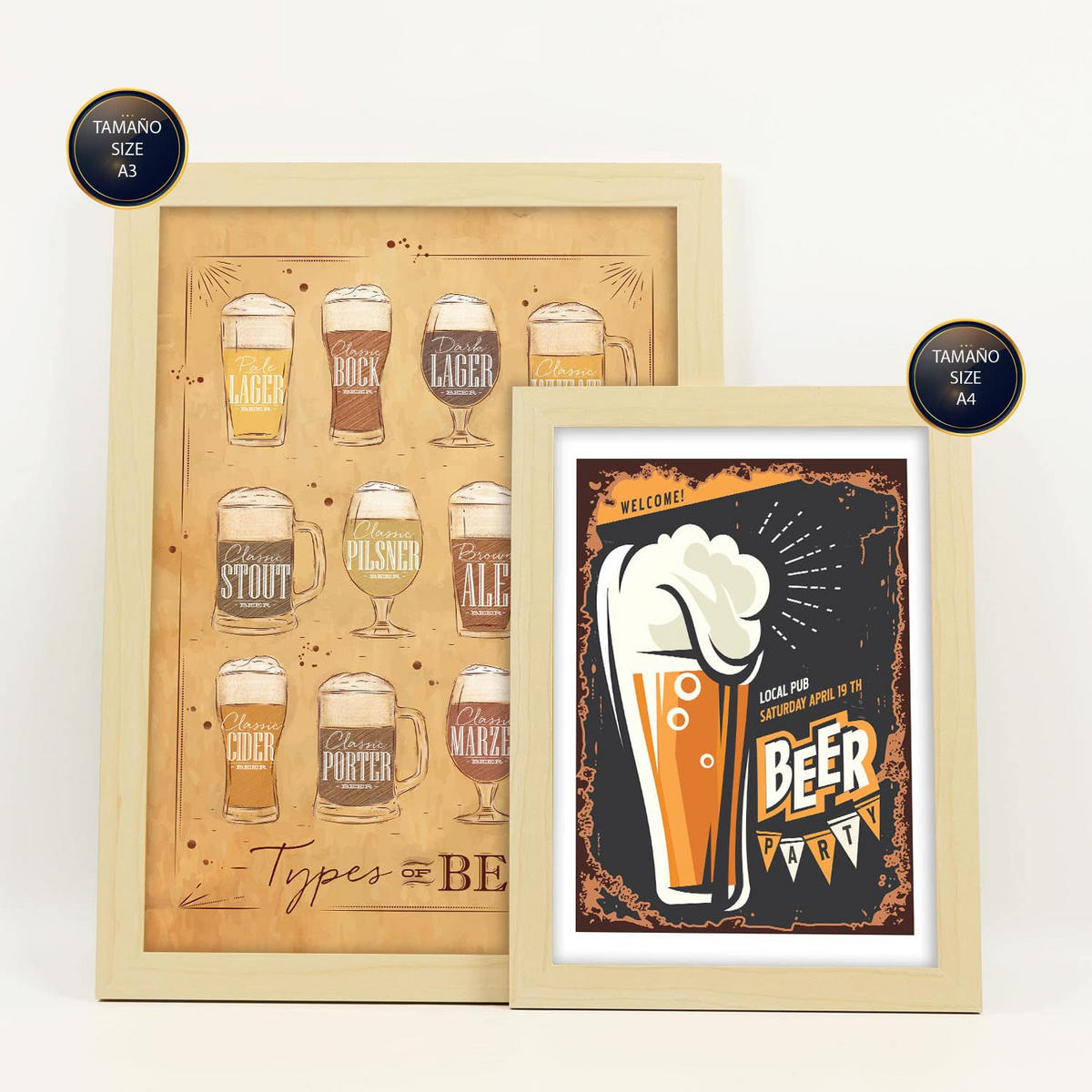 POSTER Set Mit 6 Bier-Retro-Werbung Größe A3 & A4 Rahmen aus hellem Holz - Beige, Papier (29.7/1cm) - Nacnic
