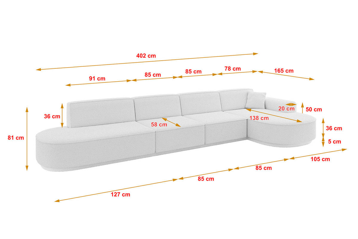 ECKSOFA Ottomane Rechts MARI-L3 - 402x163x81 cm Weiß Bouclé - Schwarz/Weiß, Holzwerkstoff/Kunststoff (402/163cm) - ALTDECOR