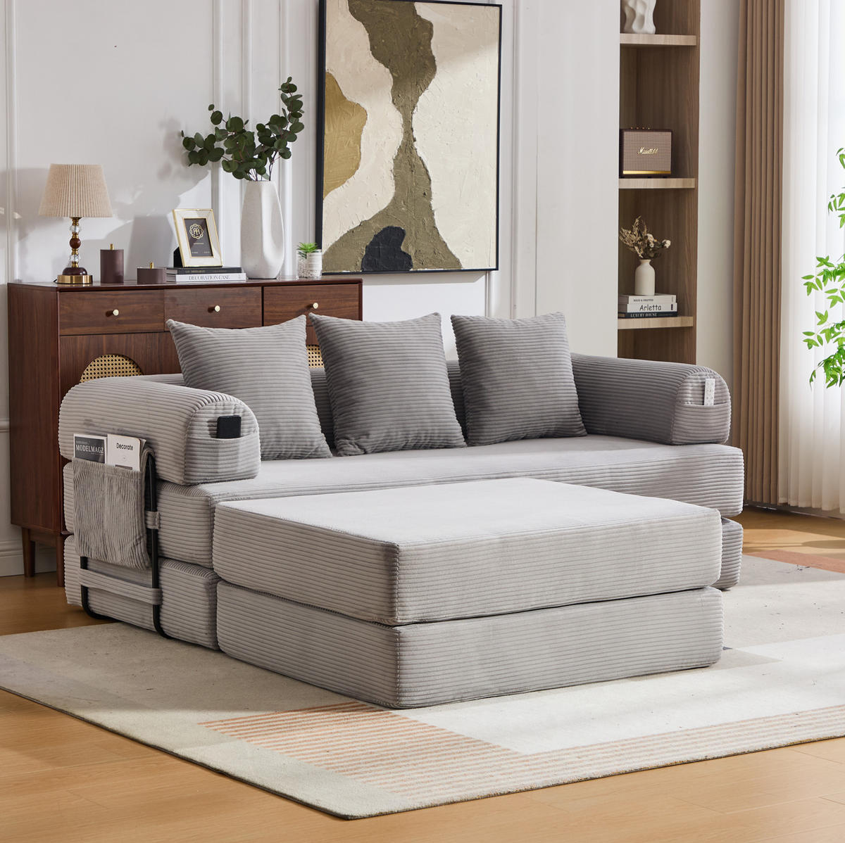 ECKSOFA aus Cord 200x190x67 cm Hellgrau frei kombinierbar mit Hocker, 3 Kissen und Seitentasche - Hellgrau, Textil (200/190cm) - Modfu